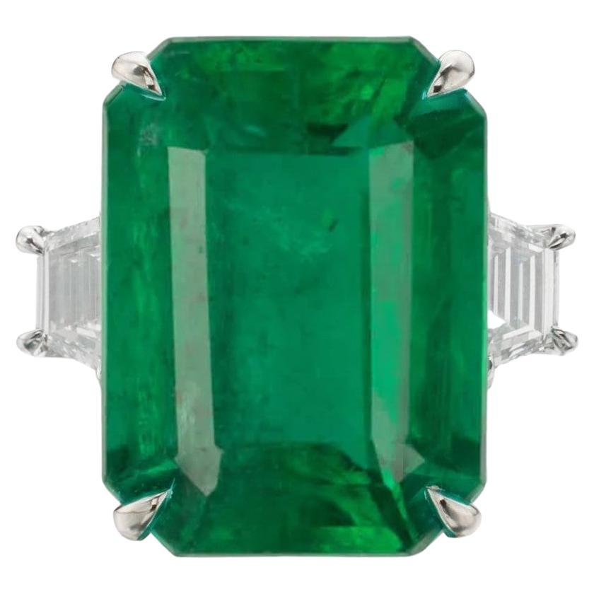 GRS Certified 5.40 Carat Insignificant Oil Green Emerald 18k White Gold Ring For Sale