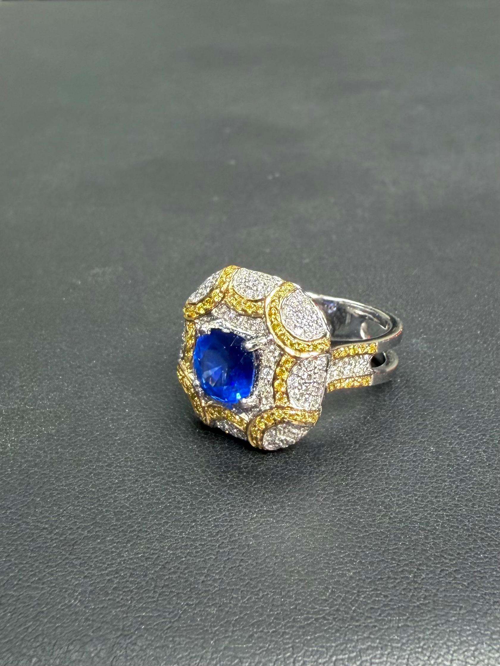 ICA-zertifizierter natürlicher Ceylon-Saphirring mit erhitztem Saphir, weiße und ausgefallene gelbe Diamanten im Angebot 11