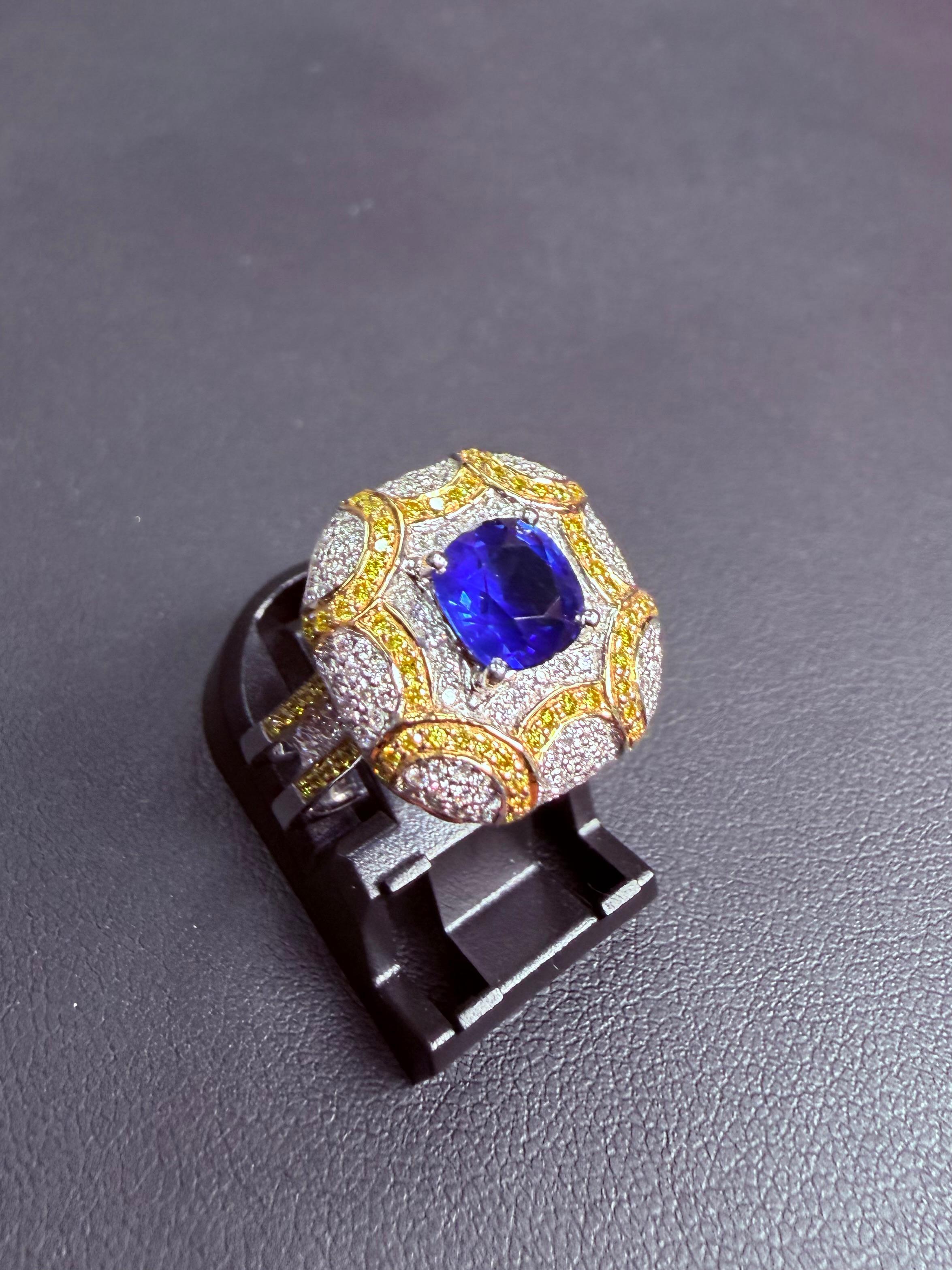 ICA-zertifizierter natürlicher Ceylon-Saphirring mit erhitztem Saphir, weiße und ausgefallene gelbe Diamanten im Angebot 2