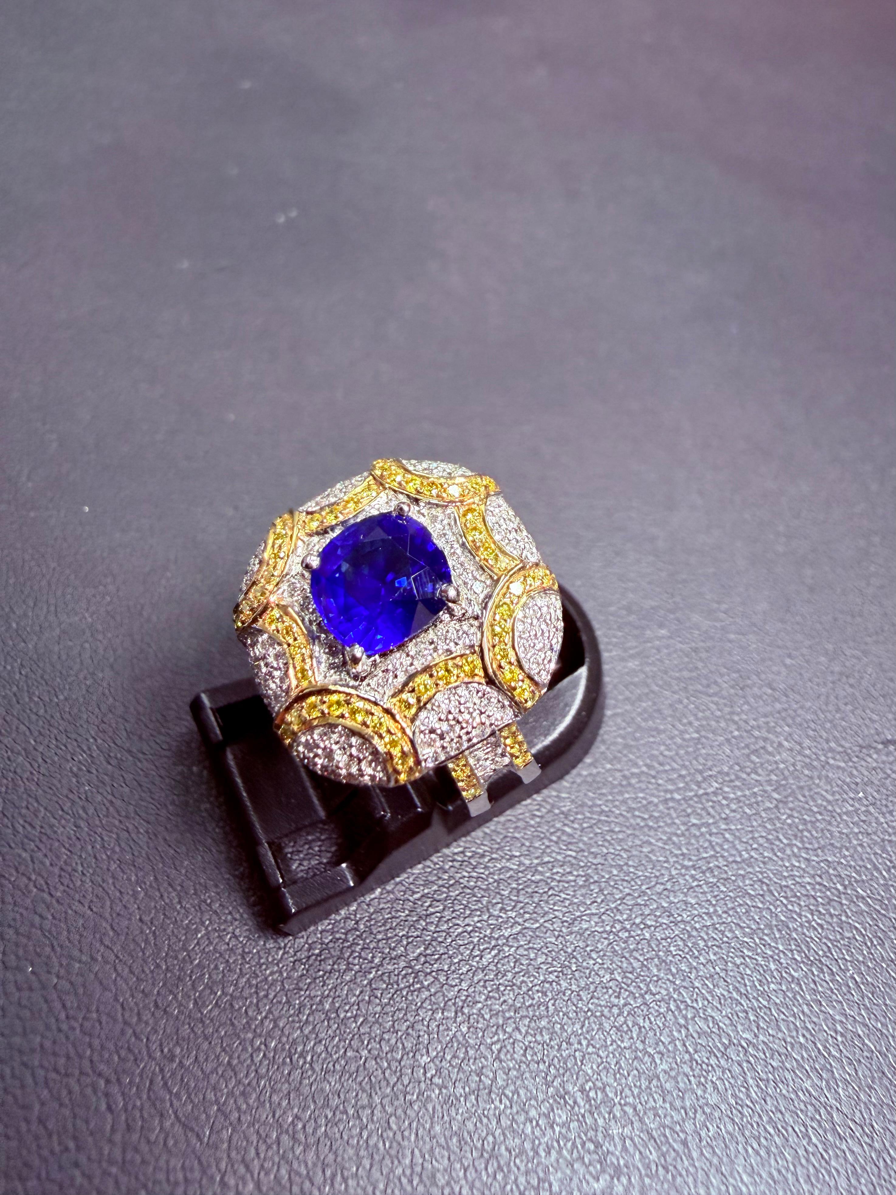 ICA-zertifizierter natürlicher Ceylon-Saphirring mit erhitztem Saphir, weiße und ausgefallene gelbe Diamanten im Angebot 6