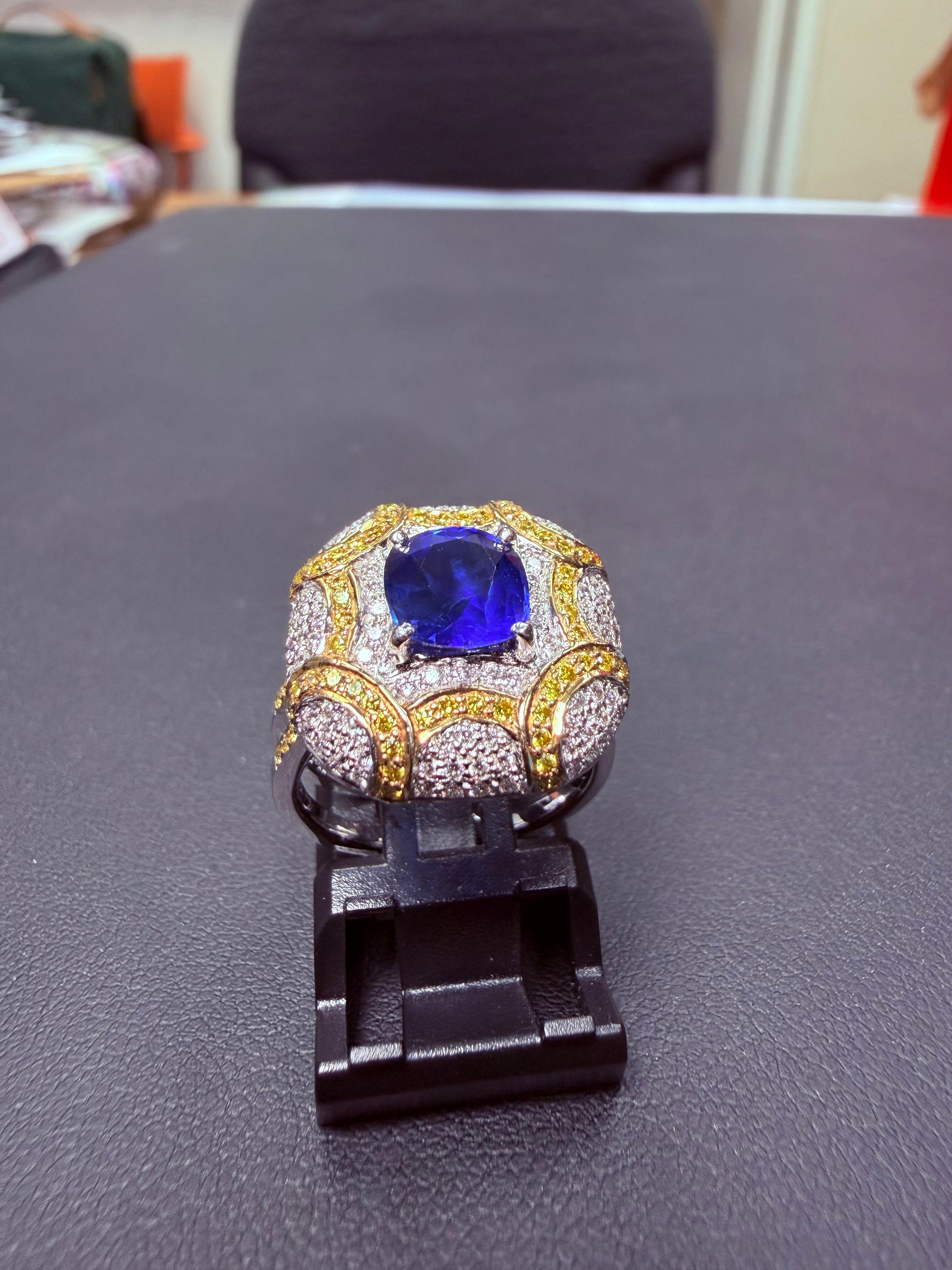 ICA-zertifizierter natürlicher Ceylon-Saphirring mit erhitztem Saphir, weiße und ausgefallene gelbe Diamanten im Angebot 13