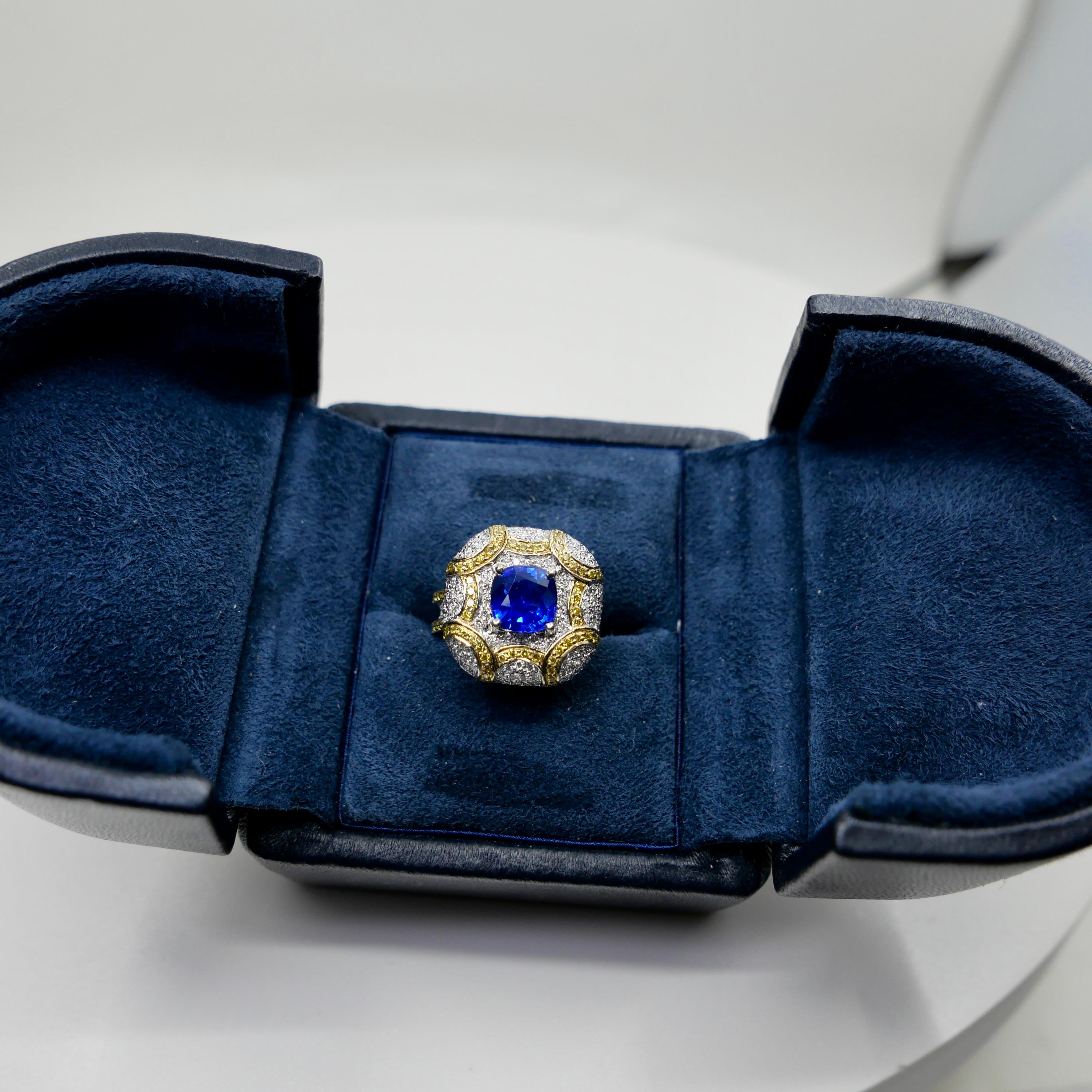 ICA-zertifizierter natürlicher Ceylon-Saphirring mit erhitztem Saphir, weiße und ausgefallene gelbe Diamanten im Angebot 5