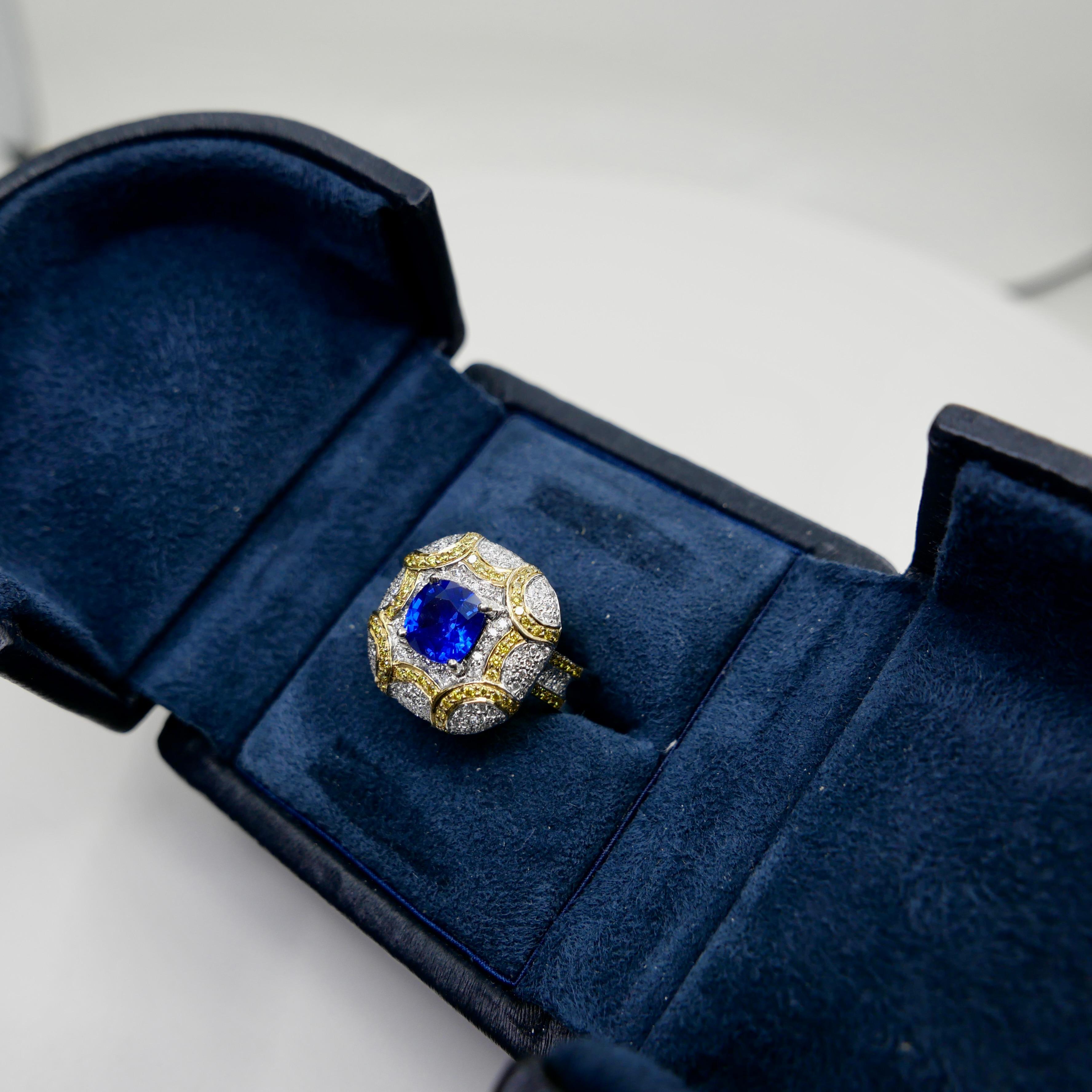 ICA-zertifizierter natürlicher Ceylon-Saphirring mit erhitztem Saphir, weiße und ausgefallene gelbe Diamanten für Damen oder Herren im Angebot