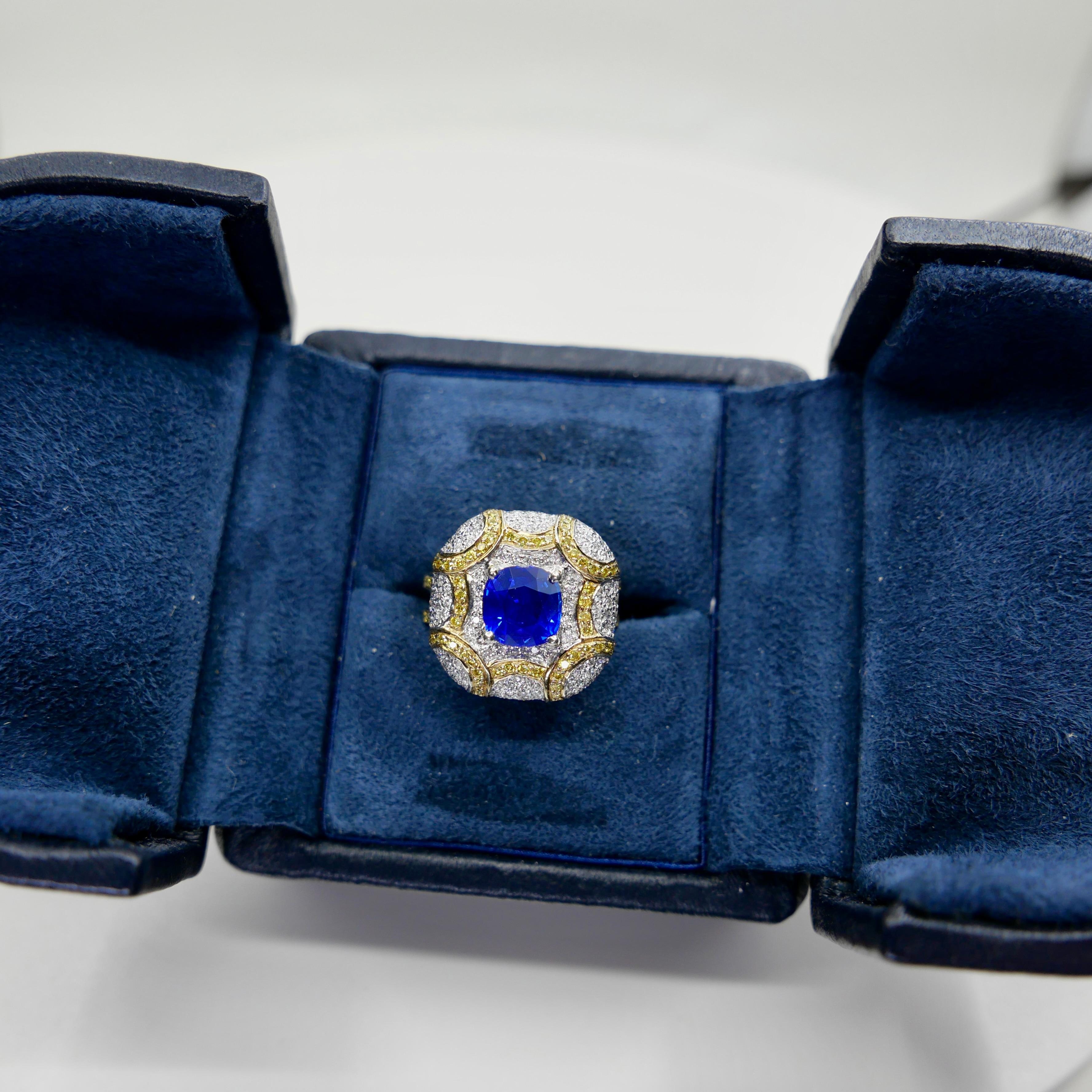 ICA-zertifizierter natürlicher Ceylon-Saphirring mit erhitztem Saphir, weiße und ausgefallene gelbe Diamanten im Angebot 8