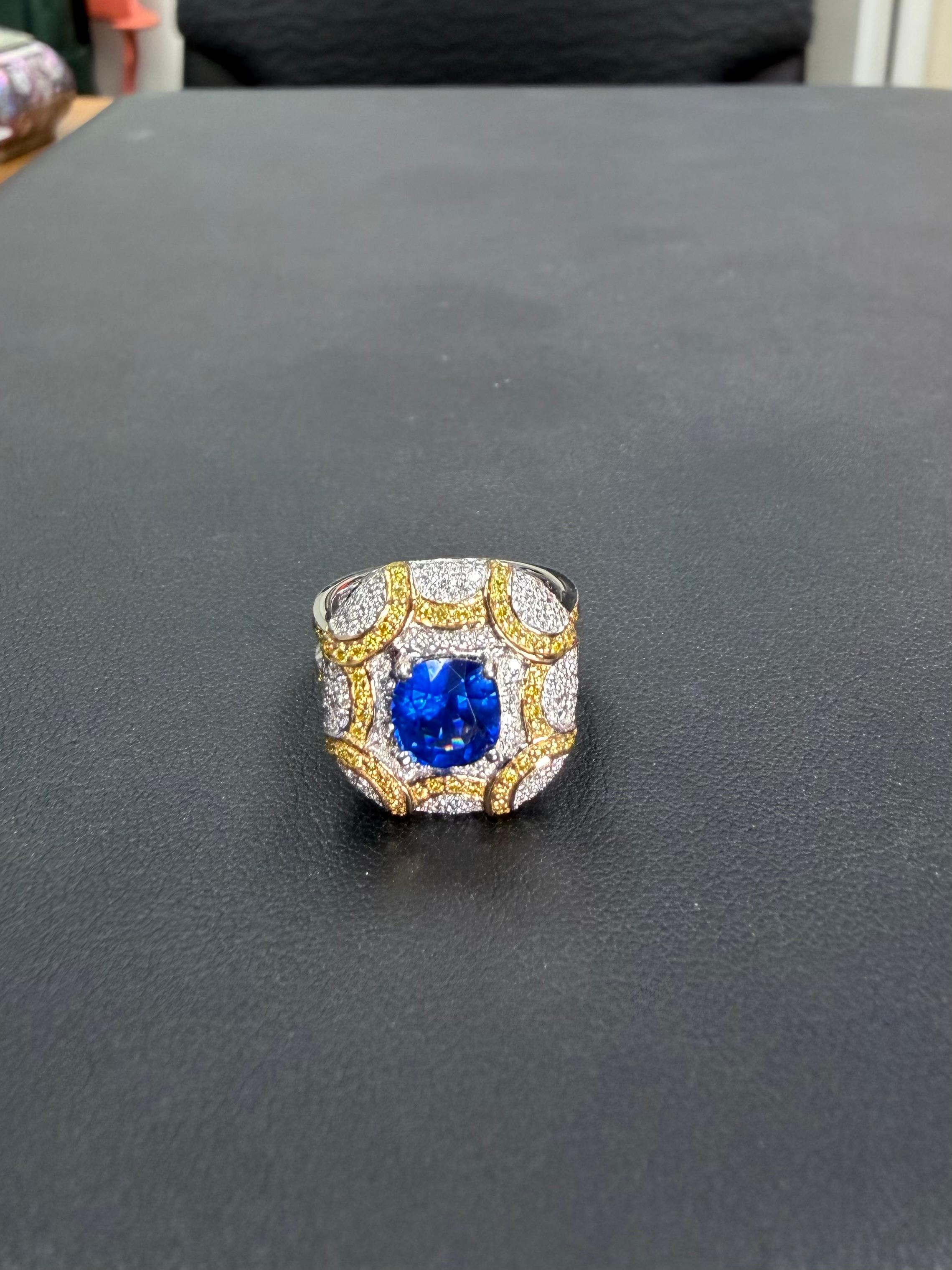 ICA-zertifizierter natürlicher Ceylon-Saphirring mit erhitztem Saphir, weiße und ausgefallene gelbe Diamanten im Angebot 9