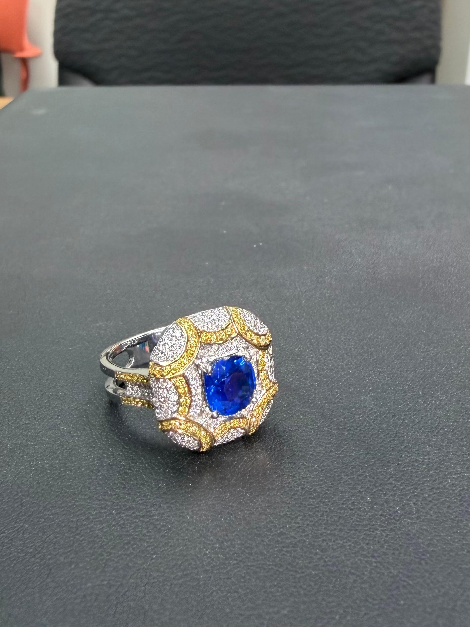 ICA-zertifizierter natürlicher Ceylon-Saphirring mit erhitztem Saphir, weiße und ausgefallene gelbe Diamanten im Angebot 7