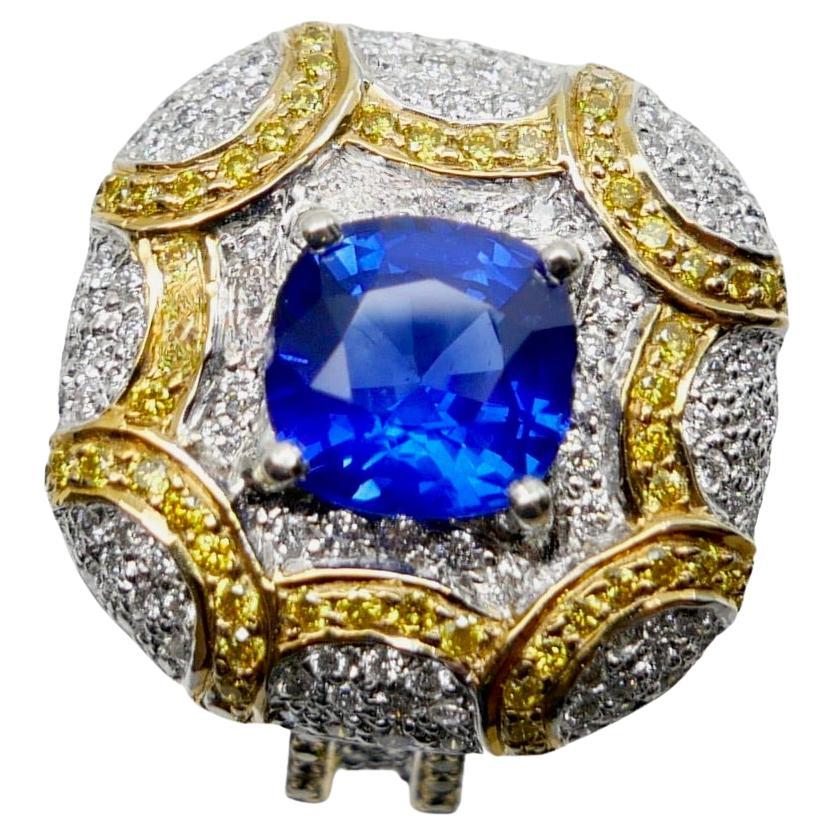 ICA-zertifizierter natürlicher Ceylon-Saphirring mit erhitztem Saphir, weiße und ausgefallene gelbe Diamanten im Angebot