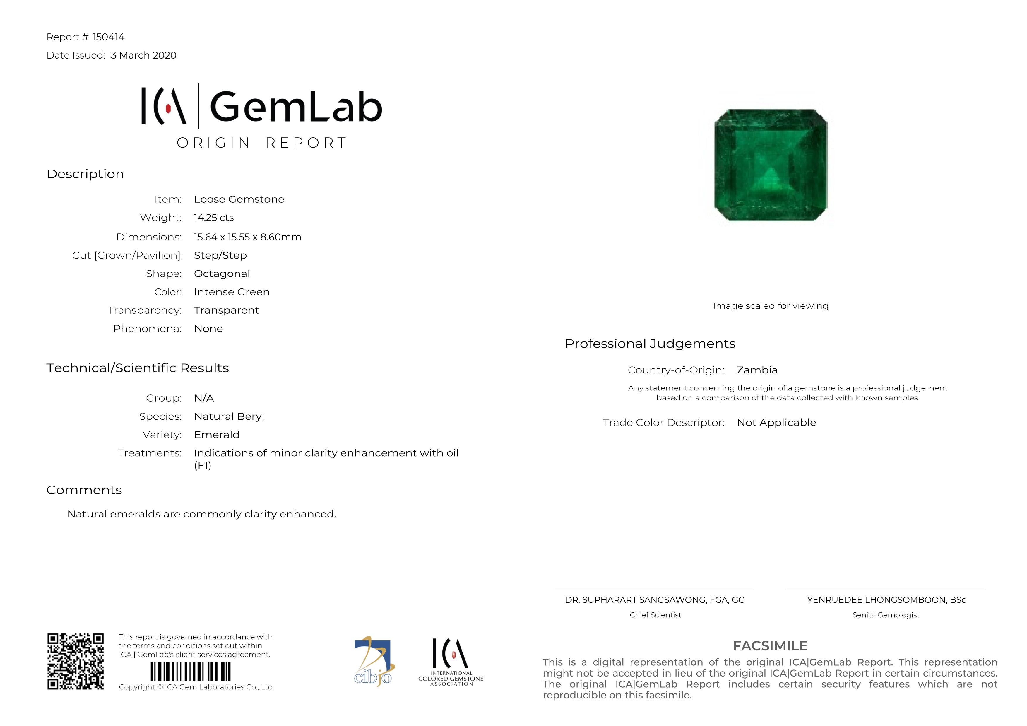 ICA LAB 14 Carat Minor Oil Emerald Diamond Platinum Ring In New Condition In Chicago, IL
