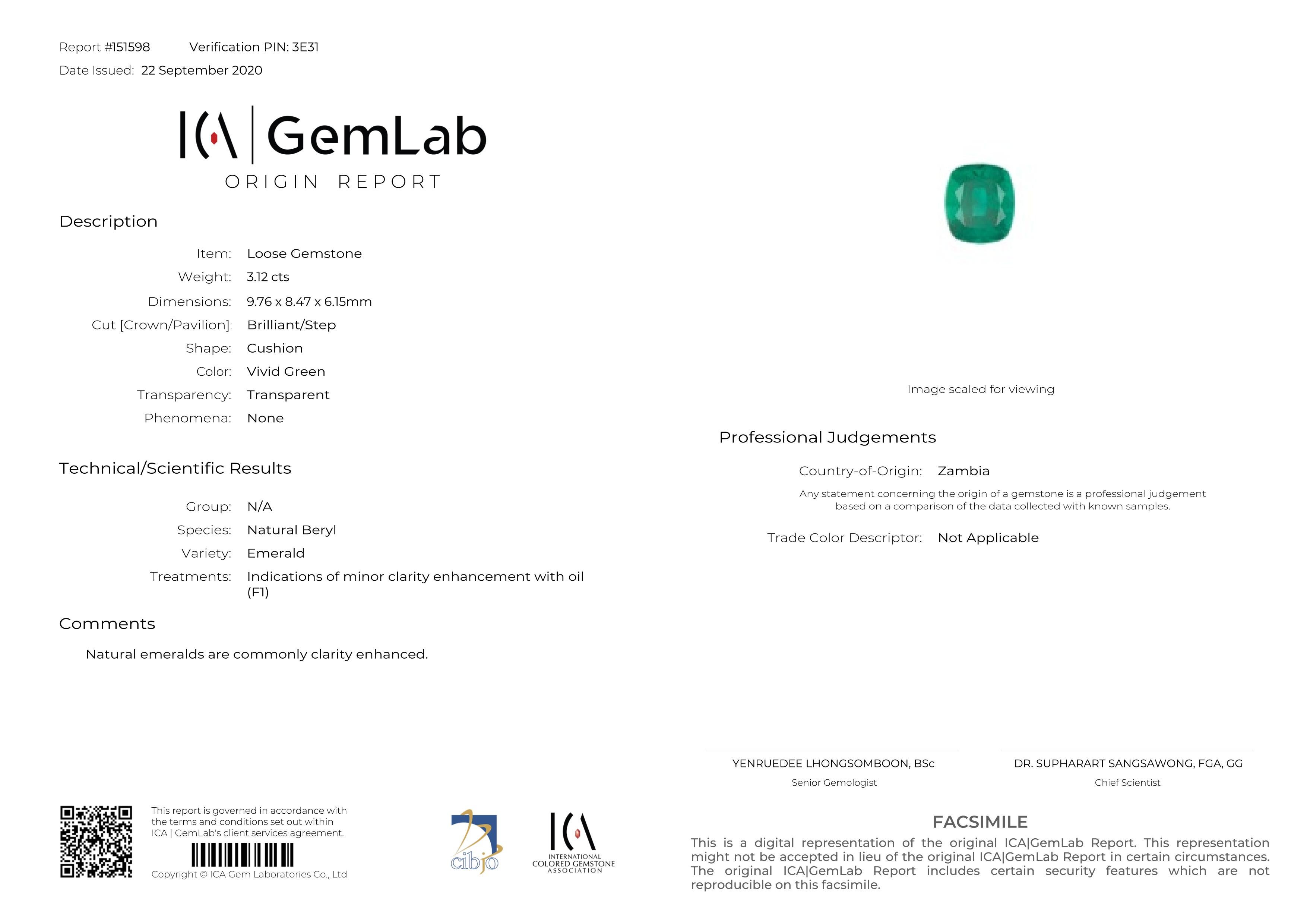 Cushion Cut ICA LAB 3.12 Vivid Green Cushion Emerald Diamond Platinum Ring For Sale
