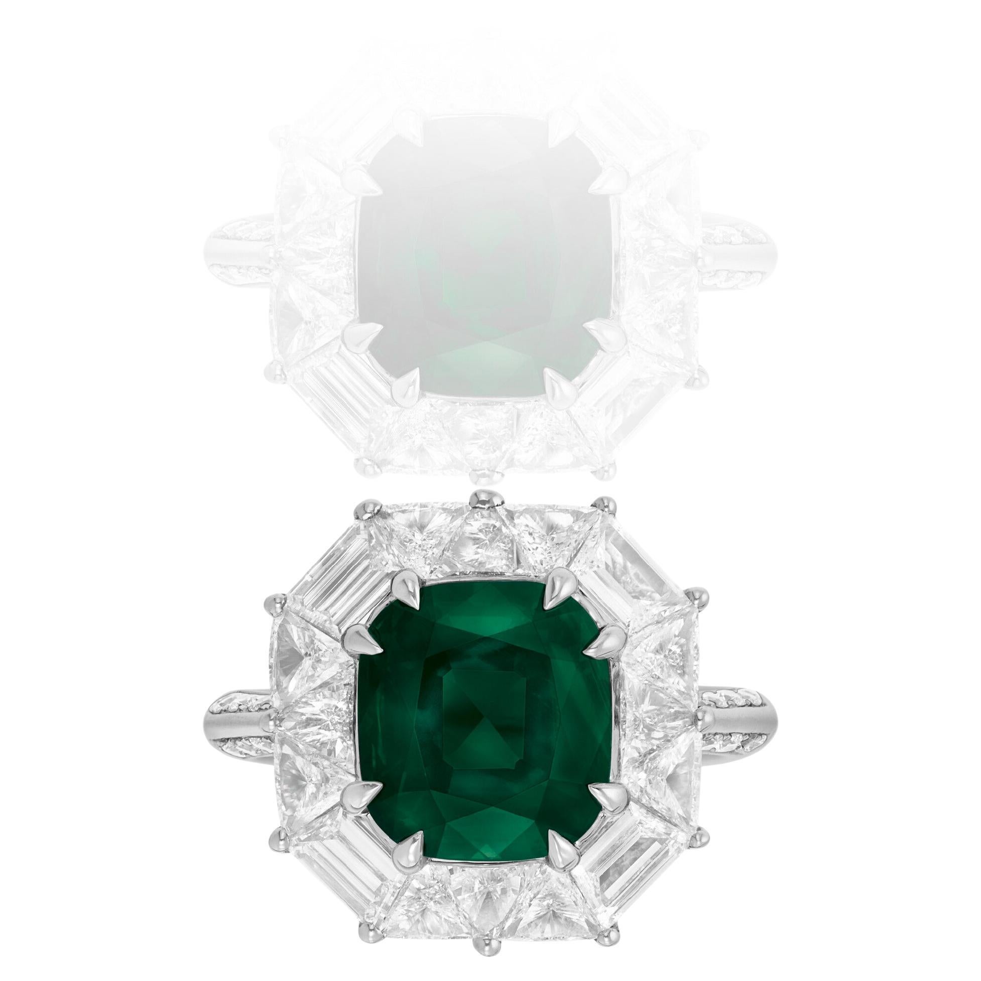 Contemporary ICA LAB 6.64 Carat Emerald Diamond Cocktail Ring For Sale