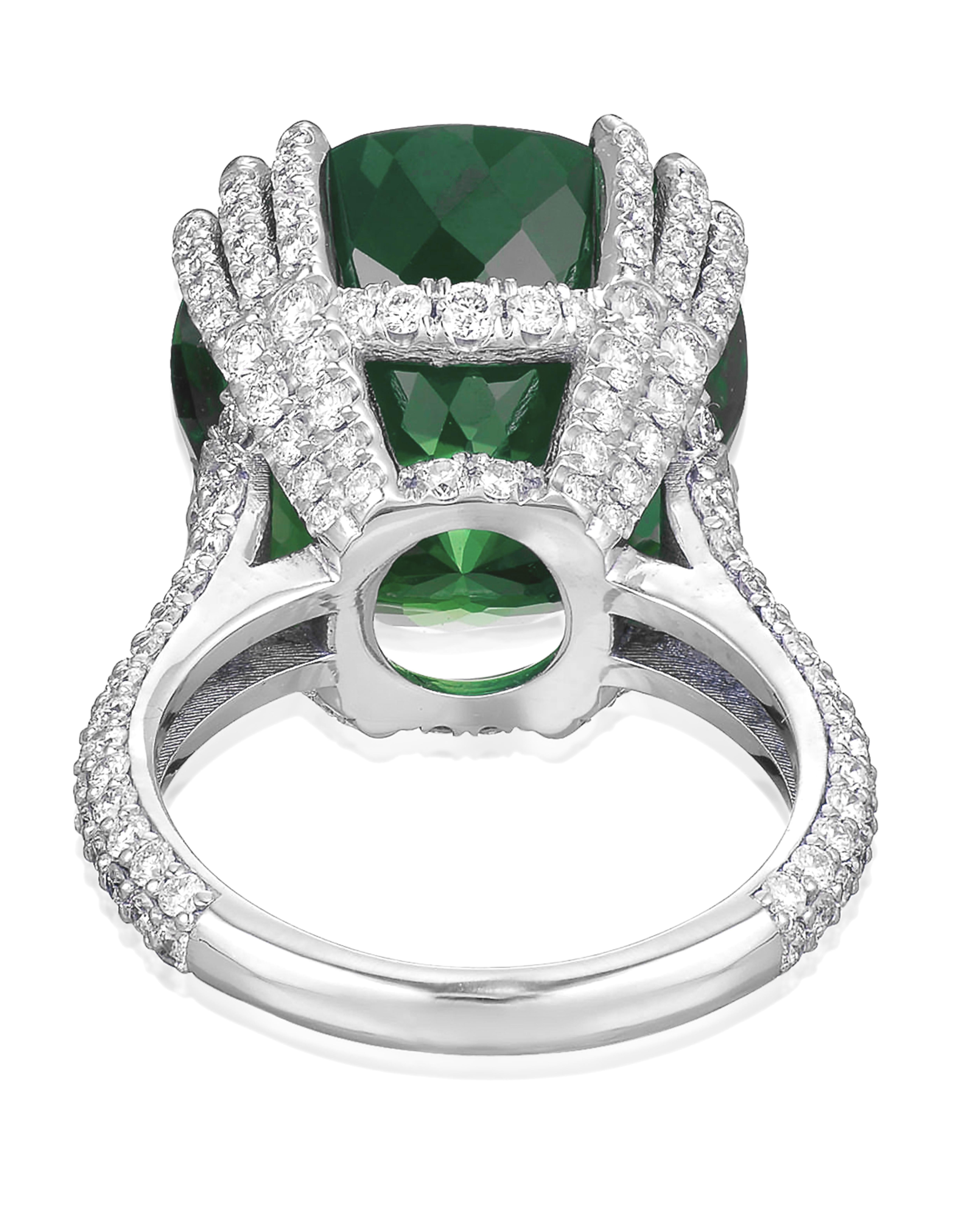 Contemporary AGL 9.61 Carat Round Green Emerald Insignificant Oil Engagement Platinum Ring For Sale