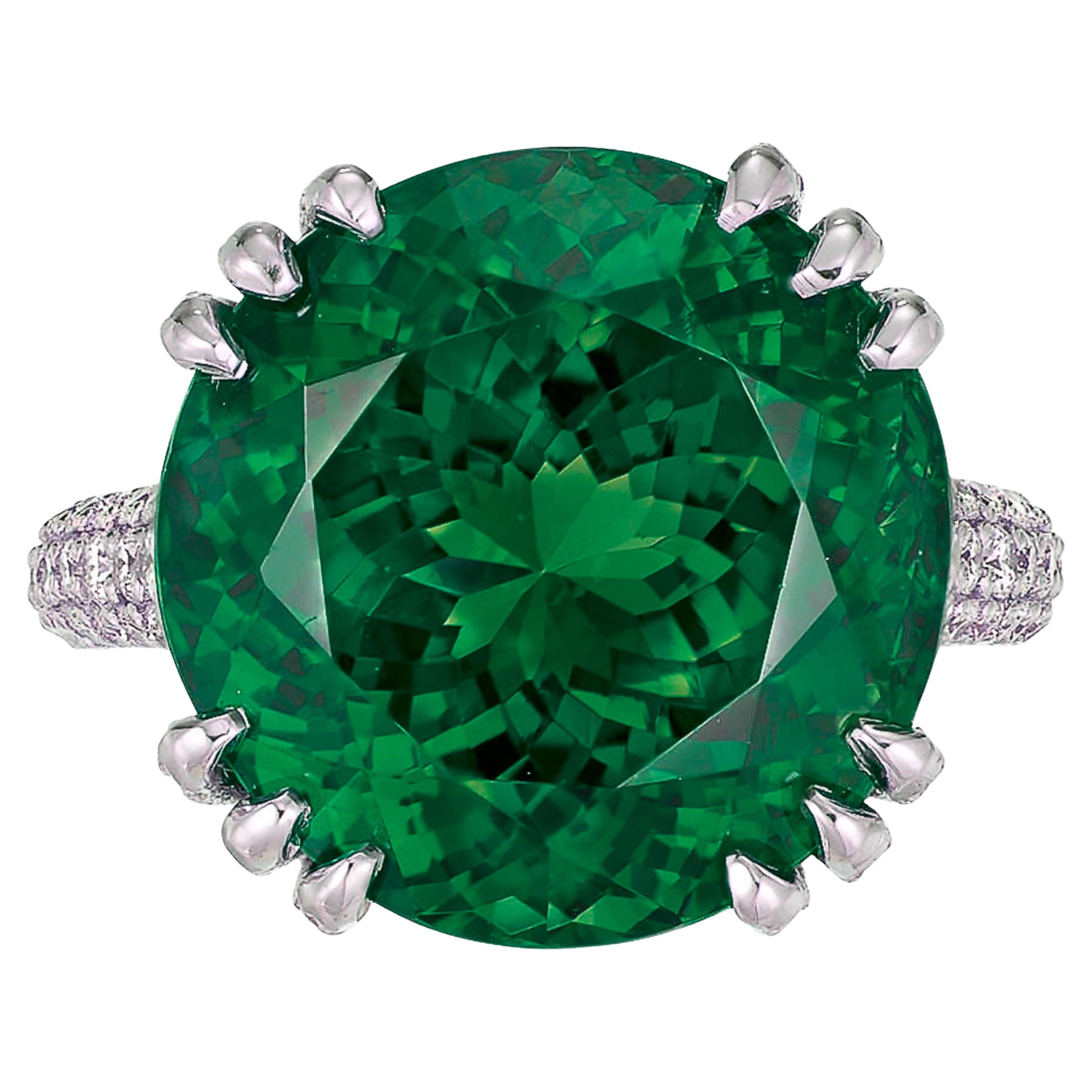 AGL 9.61 Carat Round Green Emerald Insignificant Oil Engagement Platinum Ring For Sale
