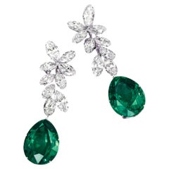 ICA LAB Certified 7.50 Carat Pear Cut Green Emerald Dangle Diamond Earrings