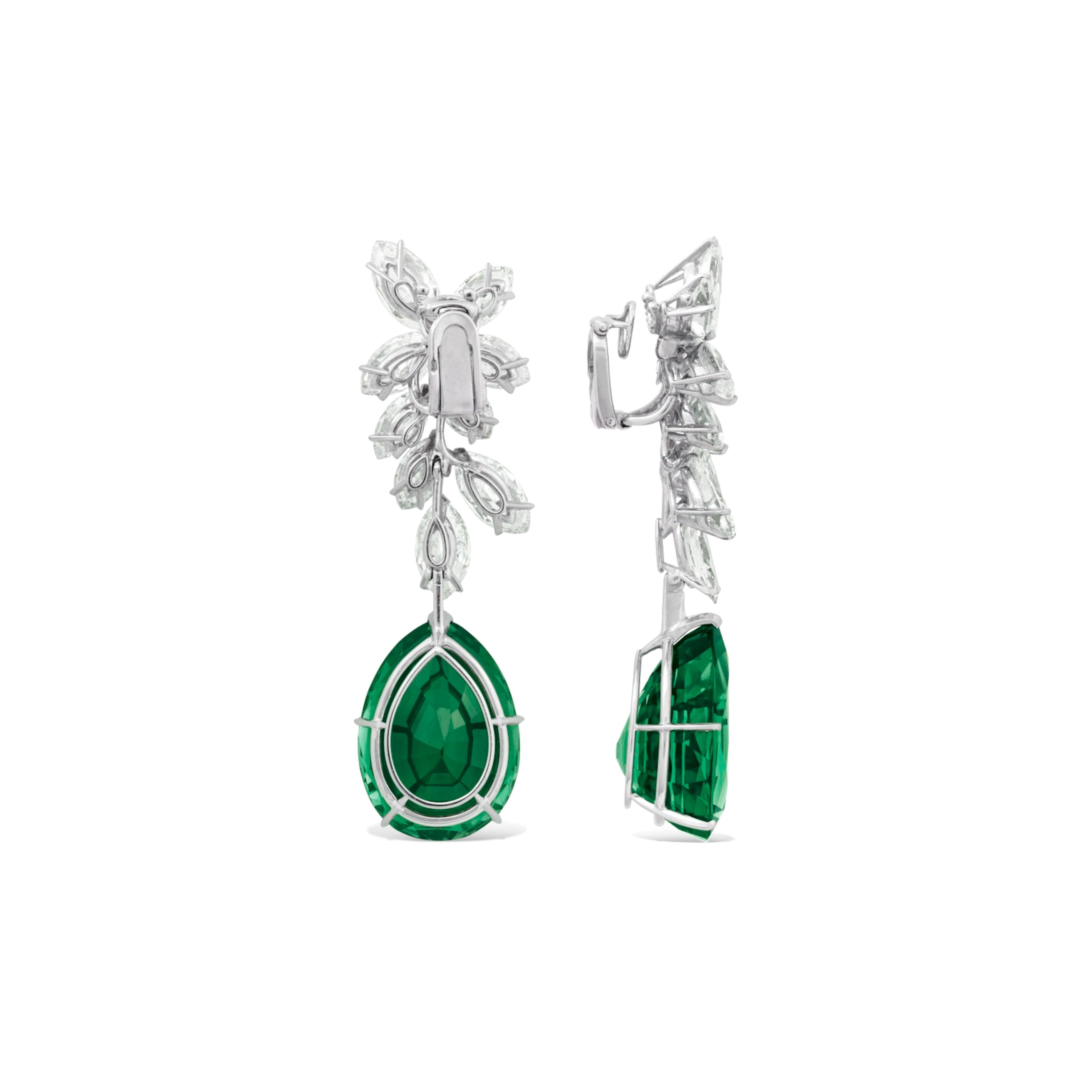 Contemporary ICA LAB Certified 7.50 Carat Pear Cut Green Emerald Dangle Diamond Earrings For Sale