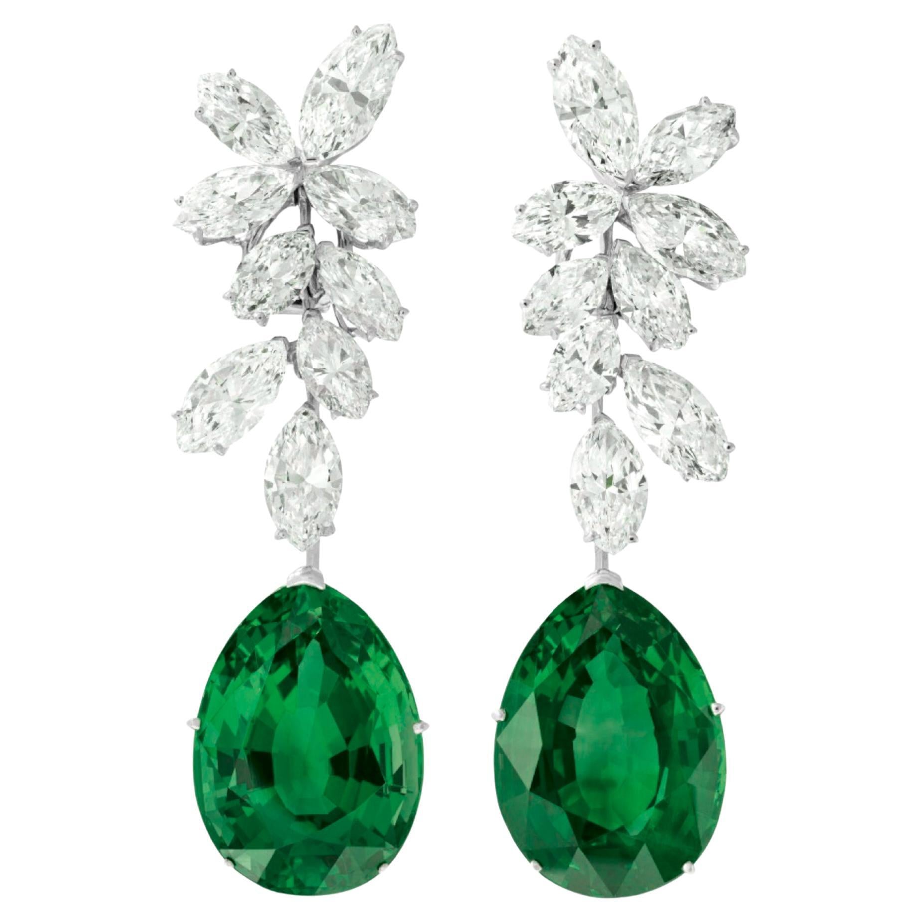 ICA LAB Certified 7.50 Carat Pear Cut Green Emerald Dangle Diamond Earrings For Sale