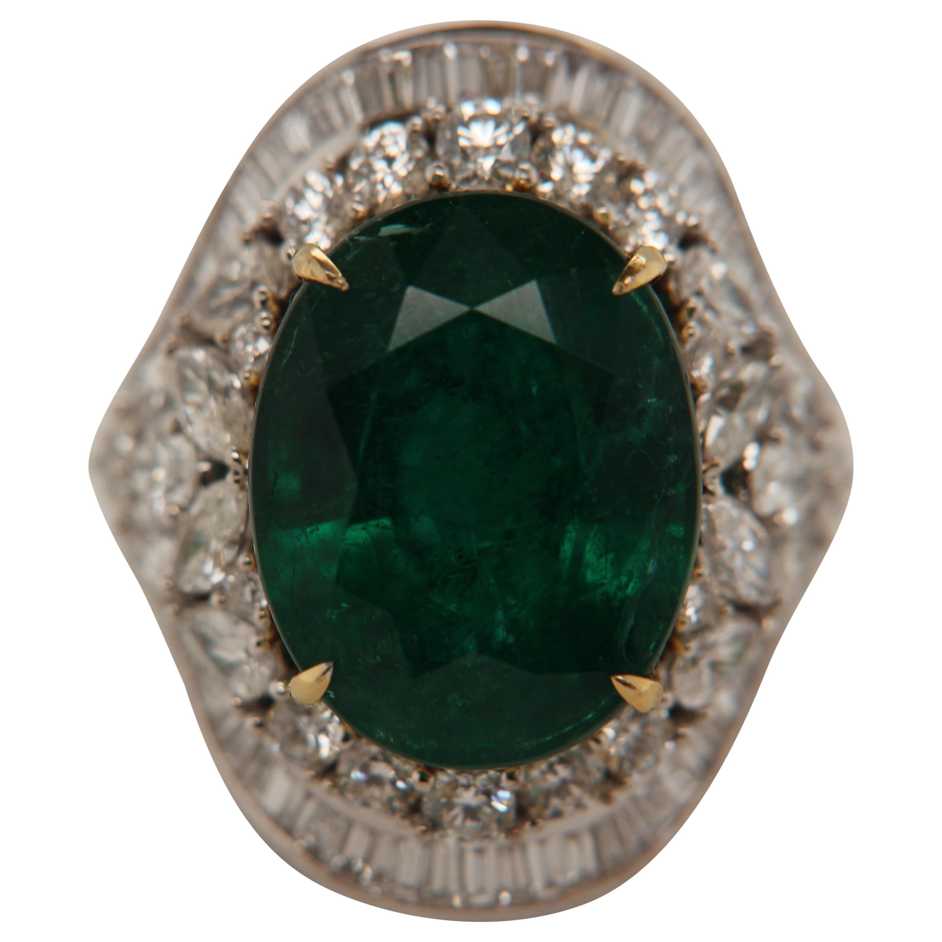 ICA Vivid Green 12.91 Carat Zambian Emerald and Diamond Ring in 18 Karat Gold