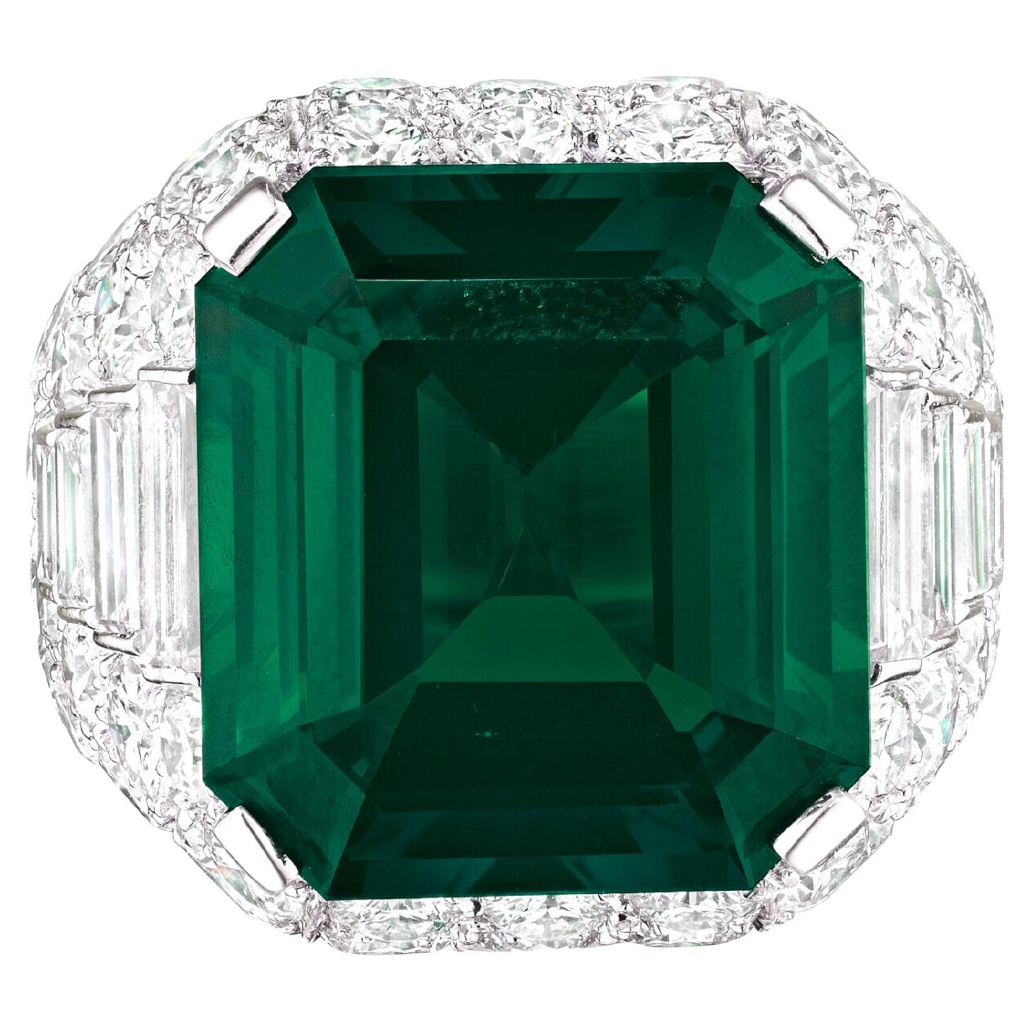 ICALAB Certified 10.36 Carat Emerald Green Emerald Diamond Platinum Ring