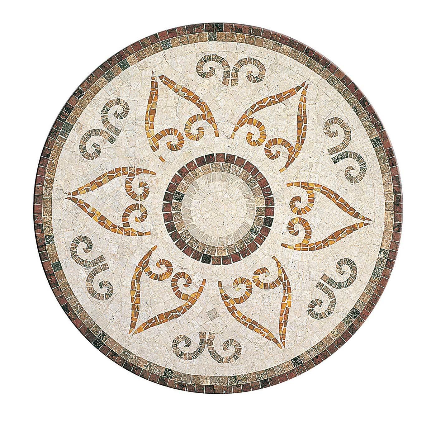 Surrounded by an aluminum frame, this artistic mosaic is made from tesserae in the following types of marble: Botticino, Giallo Reale, Rosso Verona, and Travertino Noce. Mounted on fiberglass mesh applied to a honeycomb-shaped, aluminum base, it is
