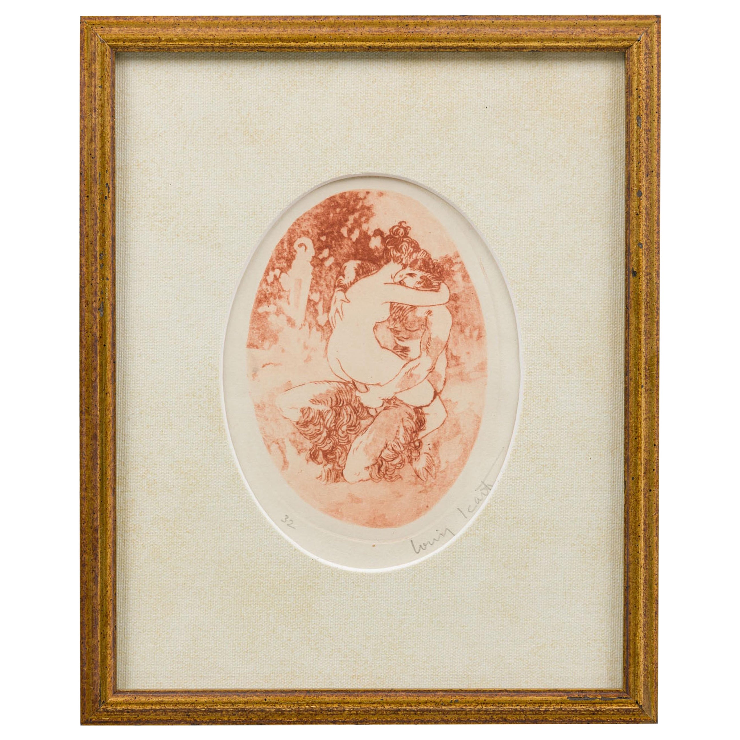 ICART French Art Deco gilt framed lithograph with scene of satyr and lady For Sale