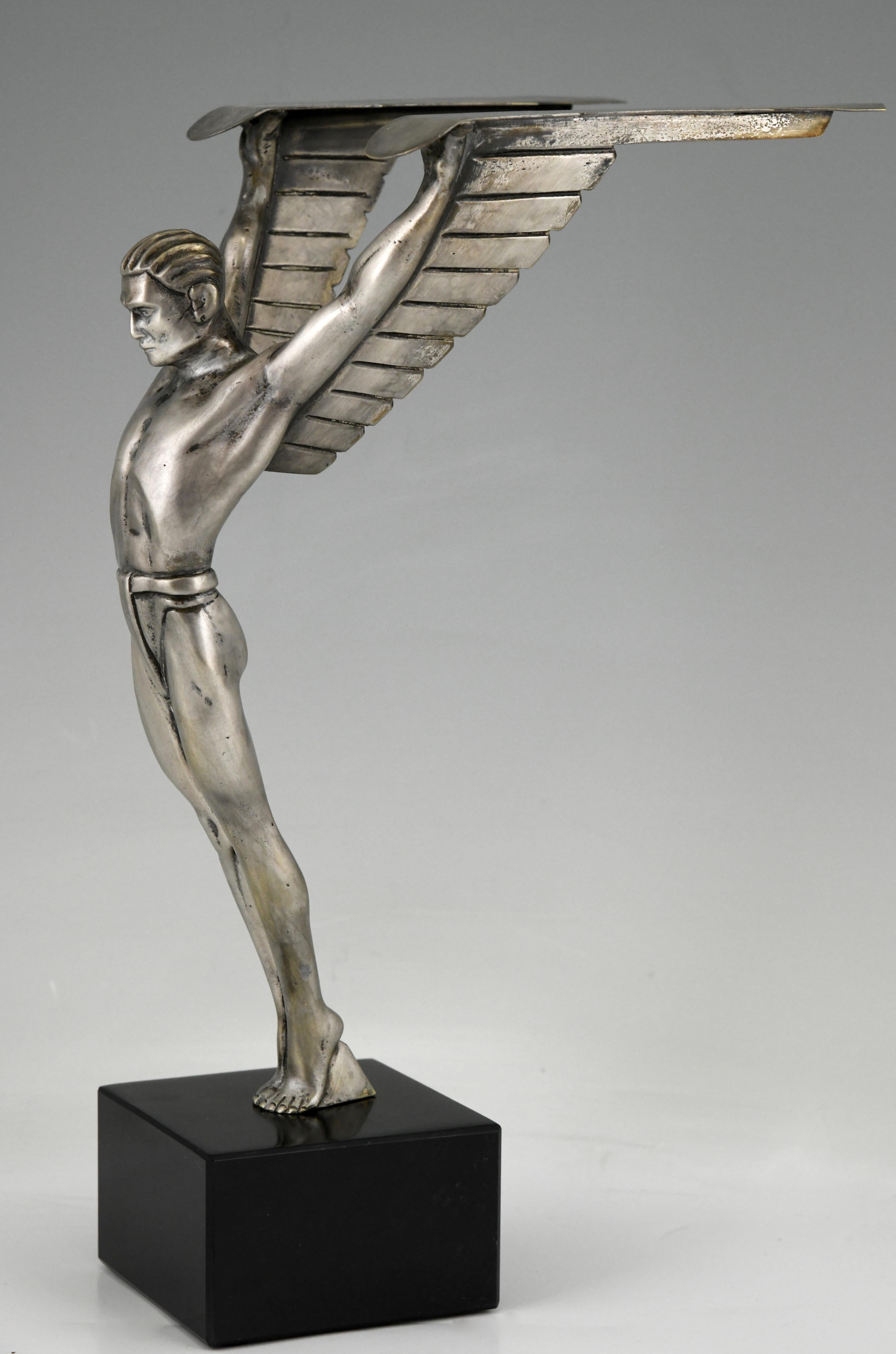 Silvered Icarus Art Deco Bronze Sculpture of a Winged Athlete Style of Schmidt Hofer