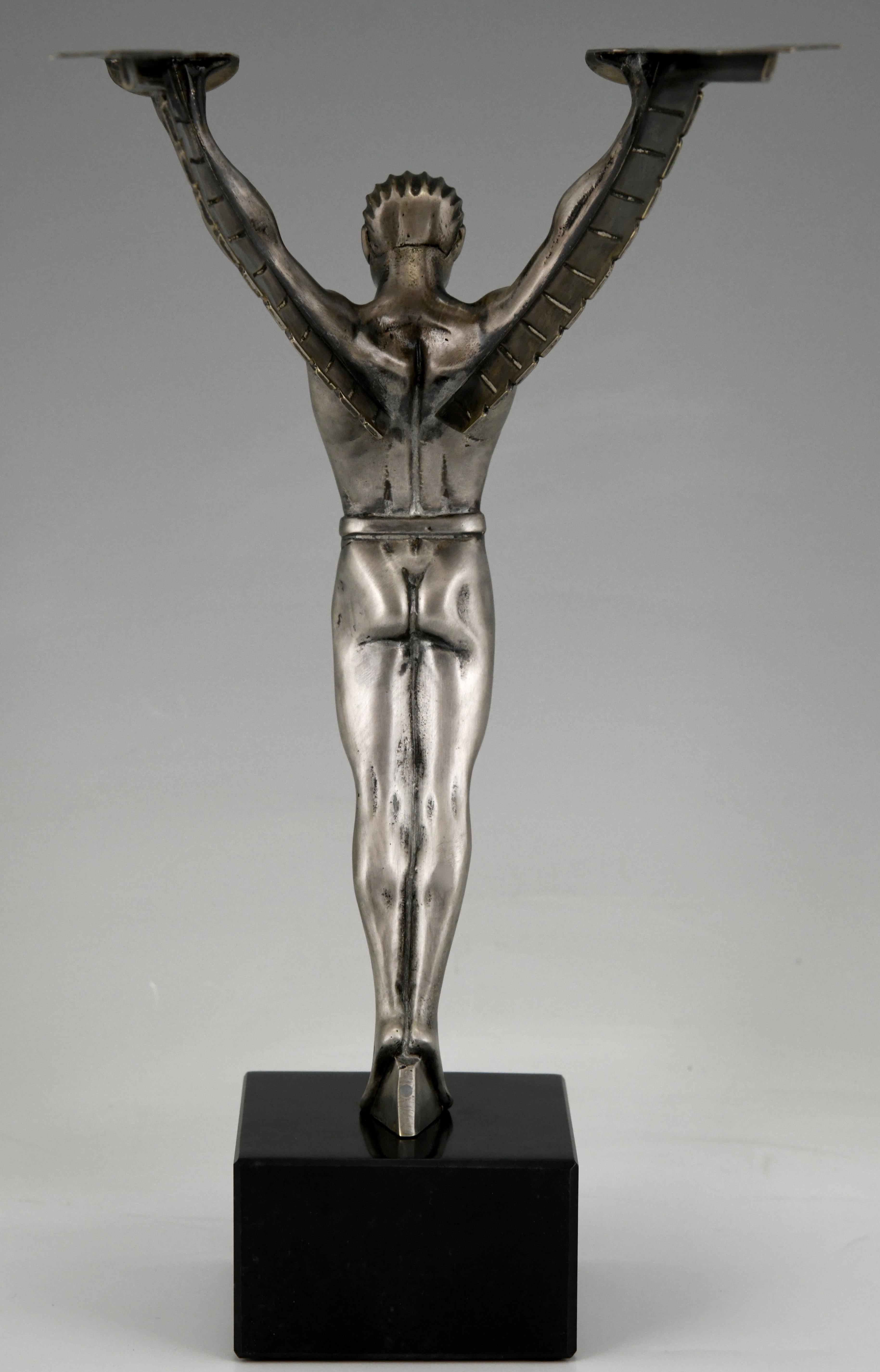 Silvered Icarus Art Deco Bronze Sculpture of a Winged Athlete Style of Schmidt Hofer