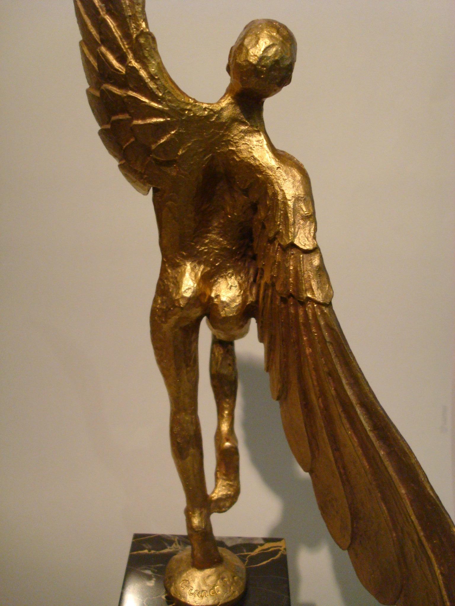 Marble Icarus, Art Deco Metal Sculpture of an Athletic Man with Stylized Wings