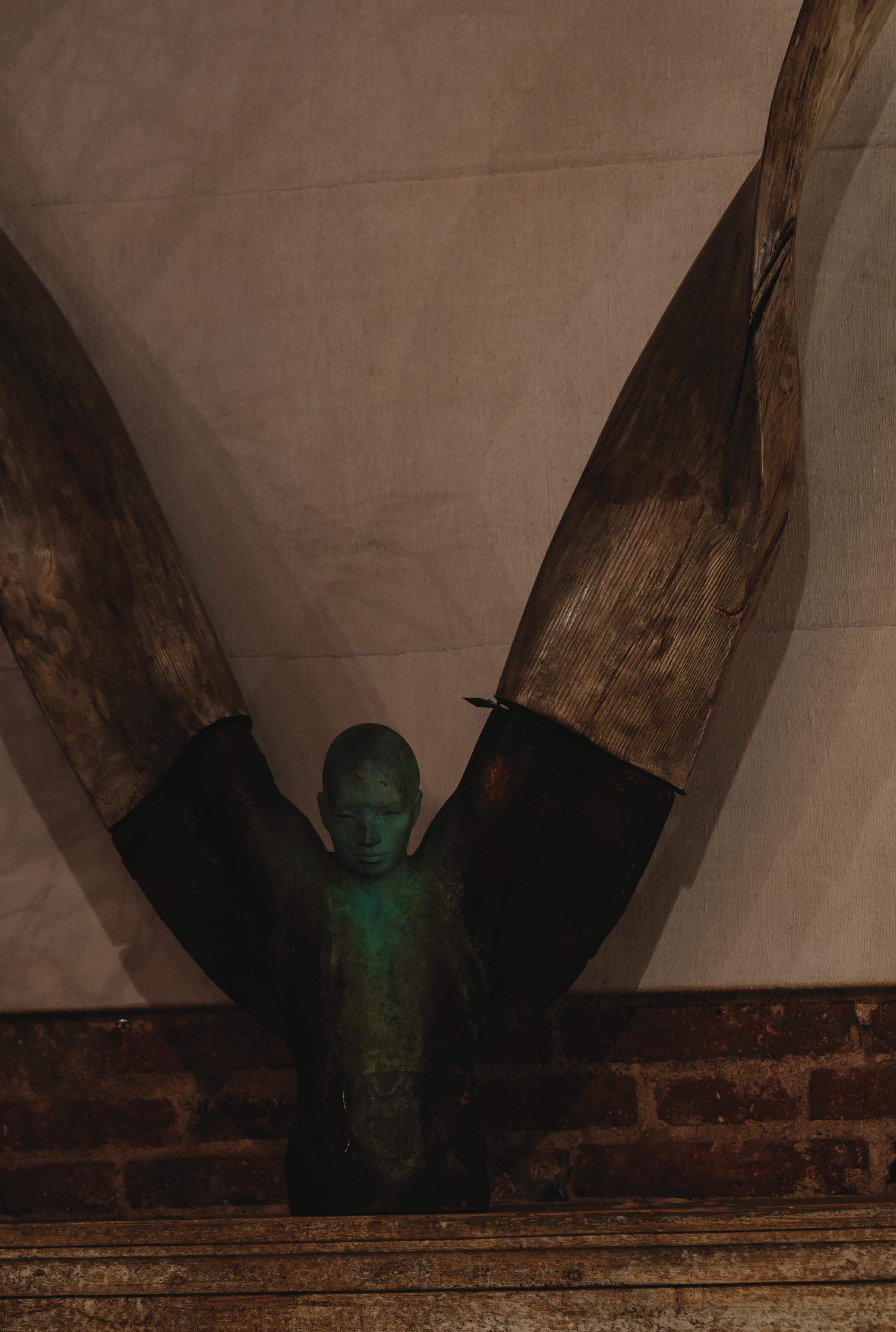 European Icarus by Jesús Curiá: Bronze and Wood Sculpture  For Sale