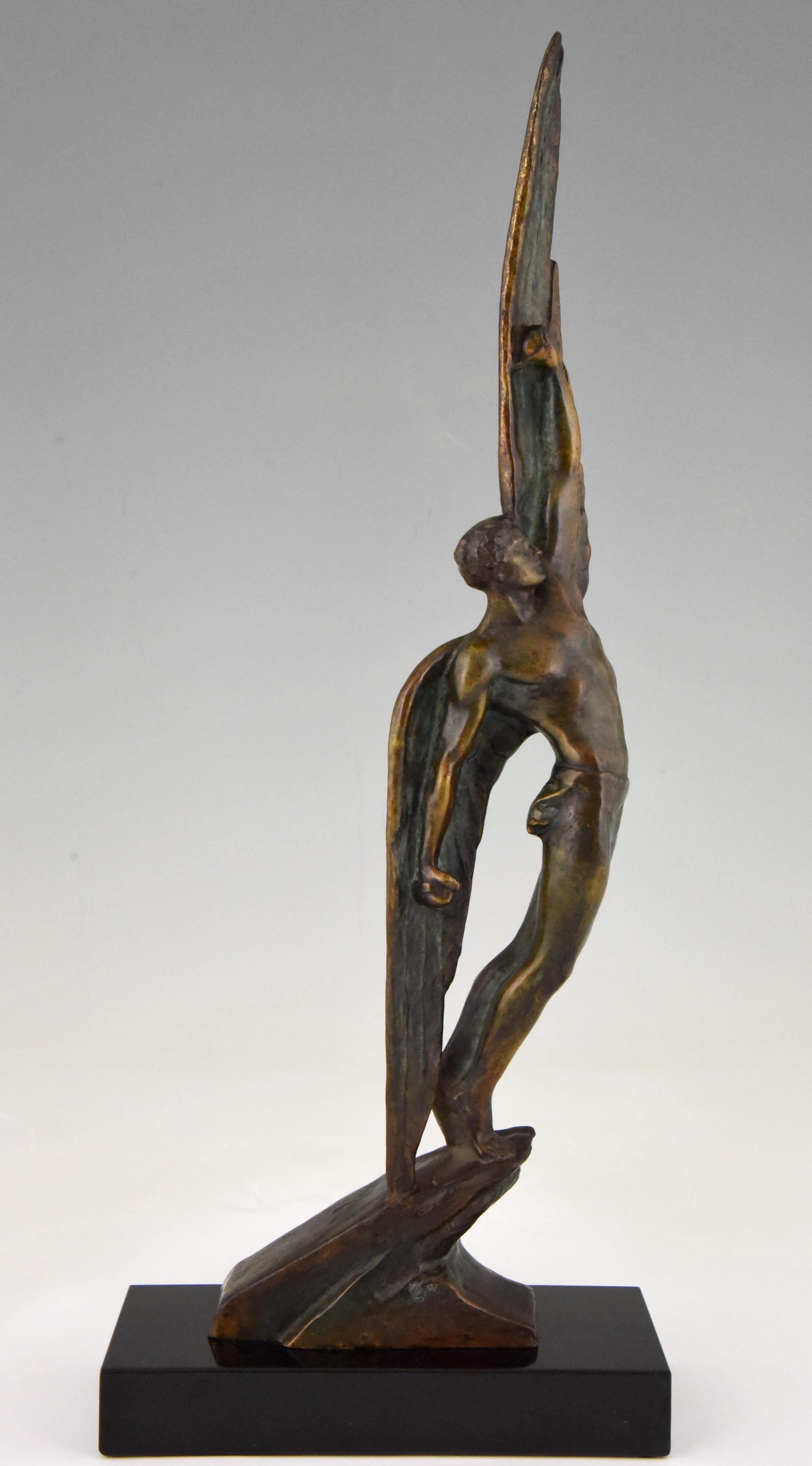 Art Deco bronze sculpture of Icarus a winged male nude standing on a rock. The bronze is signed by the French artist Pierre Le Fagauys, has a lovely patina and stands on a black marble base, circa 1930.

“Bronzes, sculptors and founders” by H.
