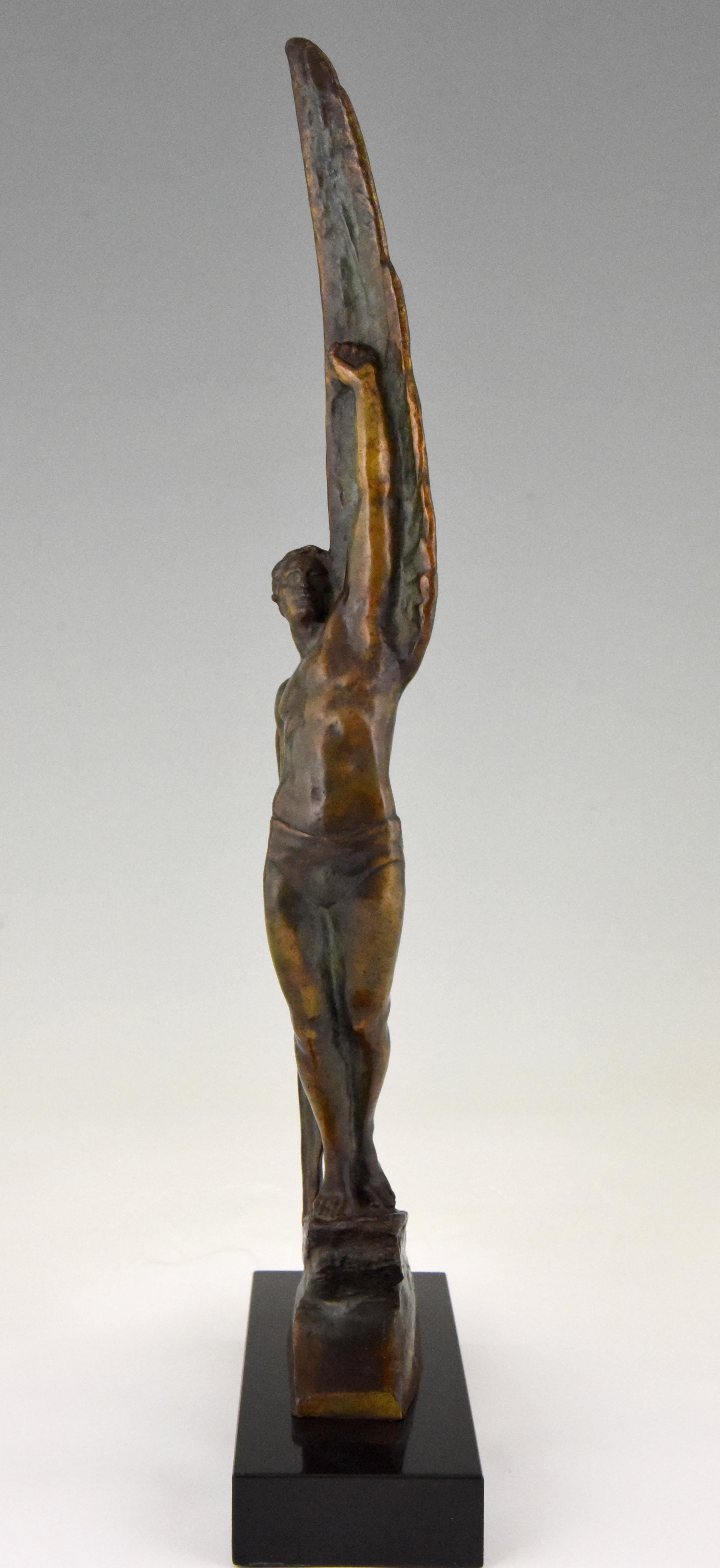 French Icarus Pierre Le Faguays Art Deco Bronze Sculpture Winged Male Nude, 1930 France