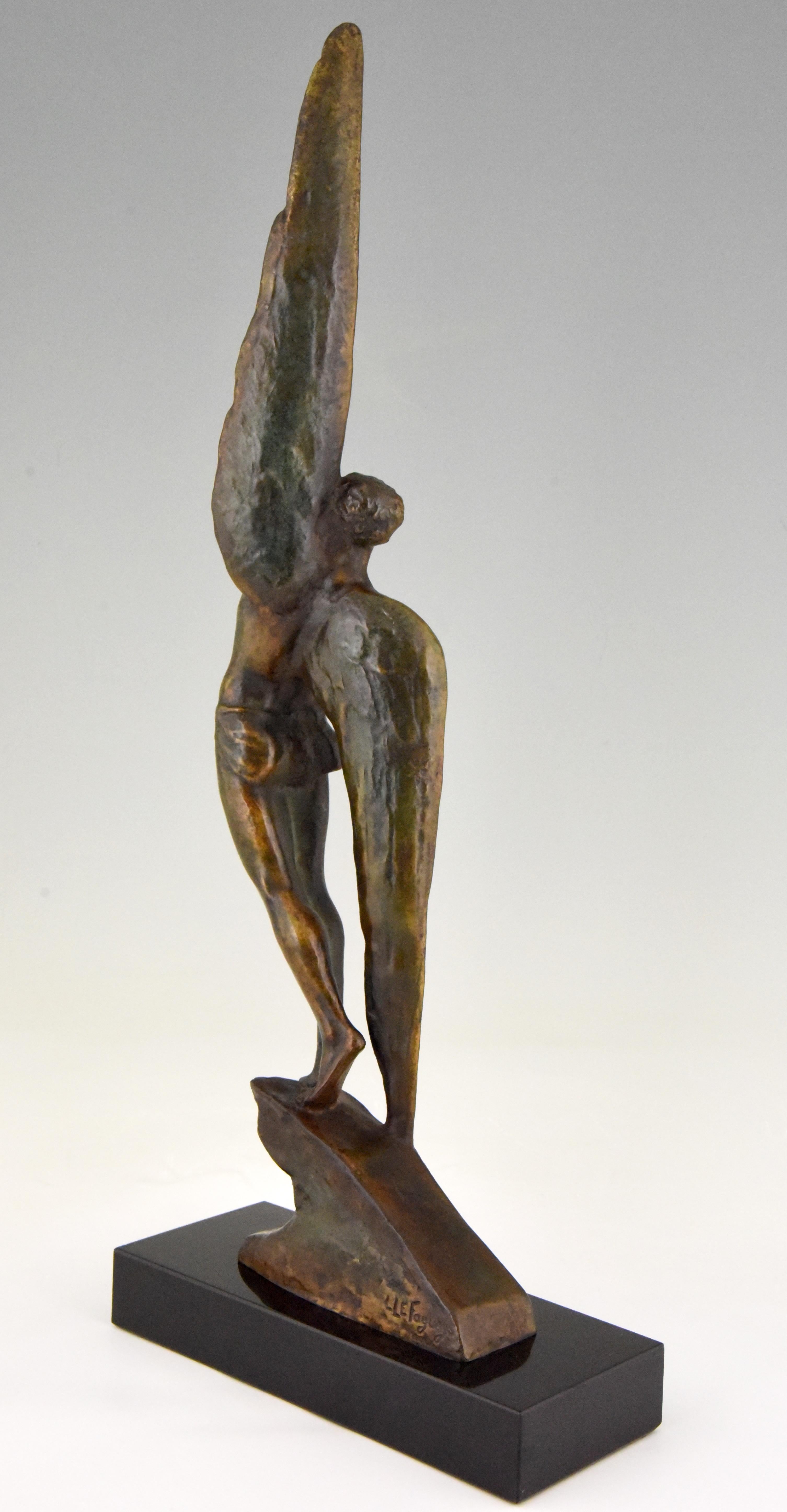 20th Century Icarus Pierre Le Faguays Art Deco Bronze Sculpture Winged Male Nude, 1930 France