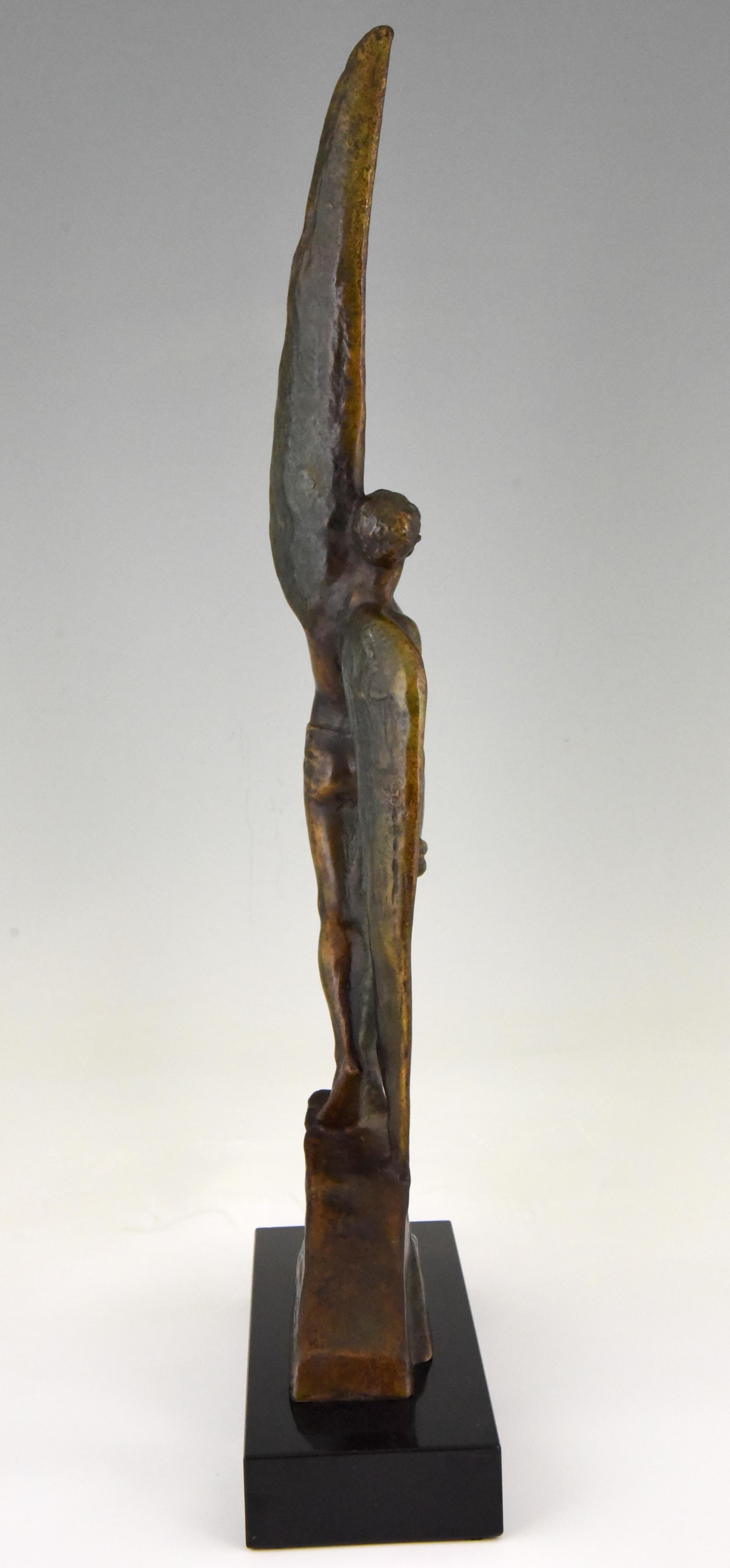 Marble Icarus Pierre Le Faguays Art Deco Bronze Sculpture Winged Male Nude, 1930 France
