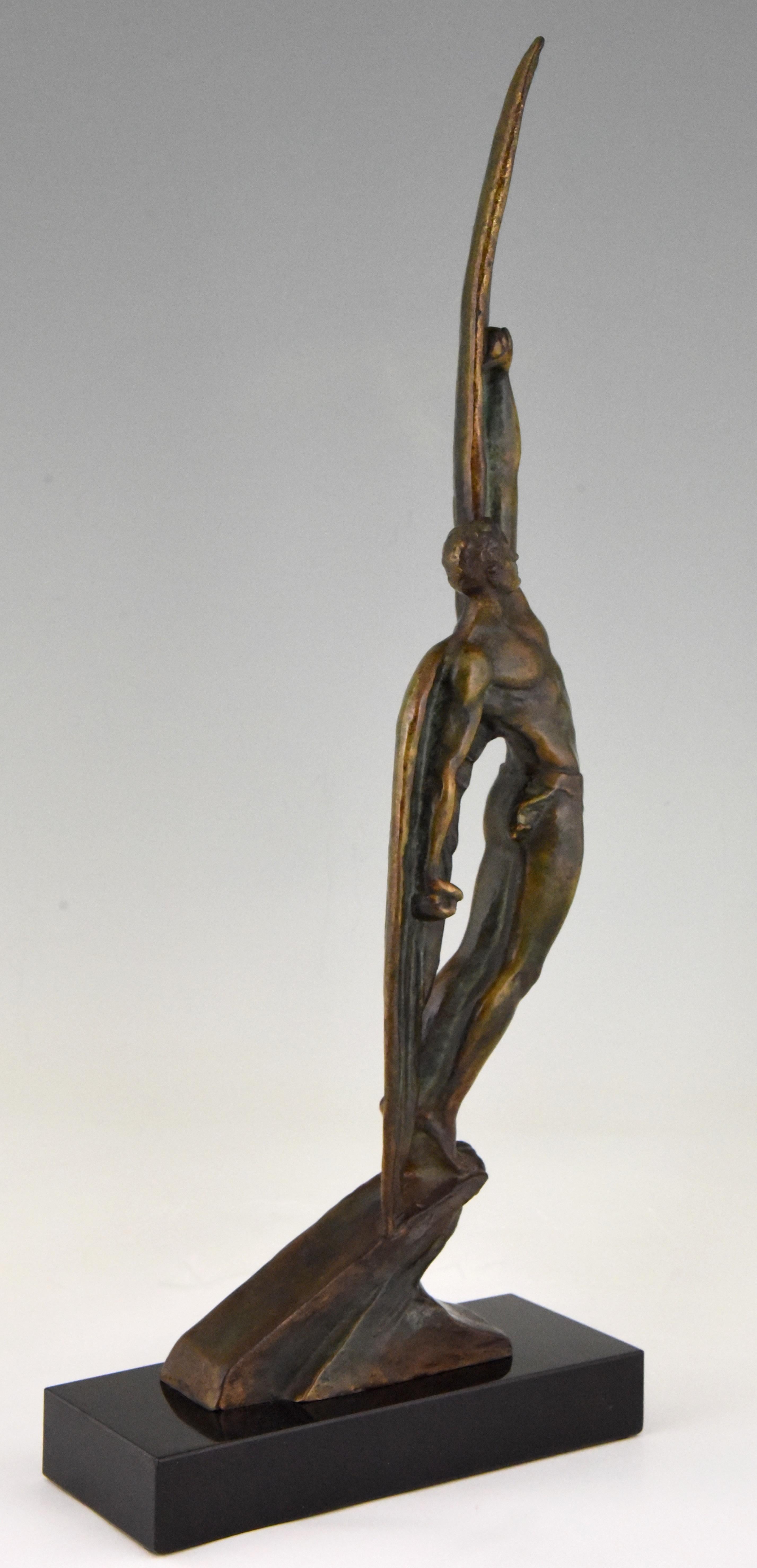 Icarus Pierre Le Faguays Art Deco Bronze Sculpture Winged Male Nude, 1930 France 1