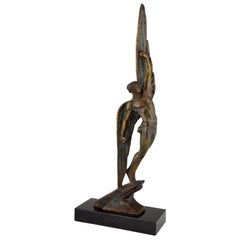 Vintage Icarus Pierre Le Faguays Art Deco Bronze Sculpture Winged Male Nude, 1930 France