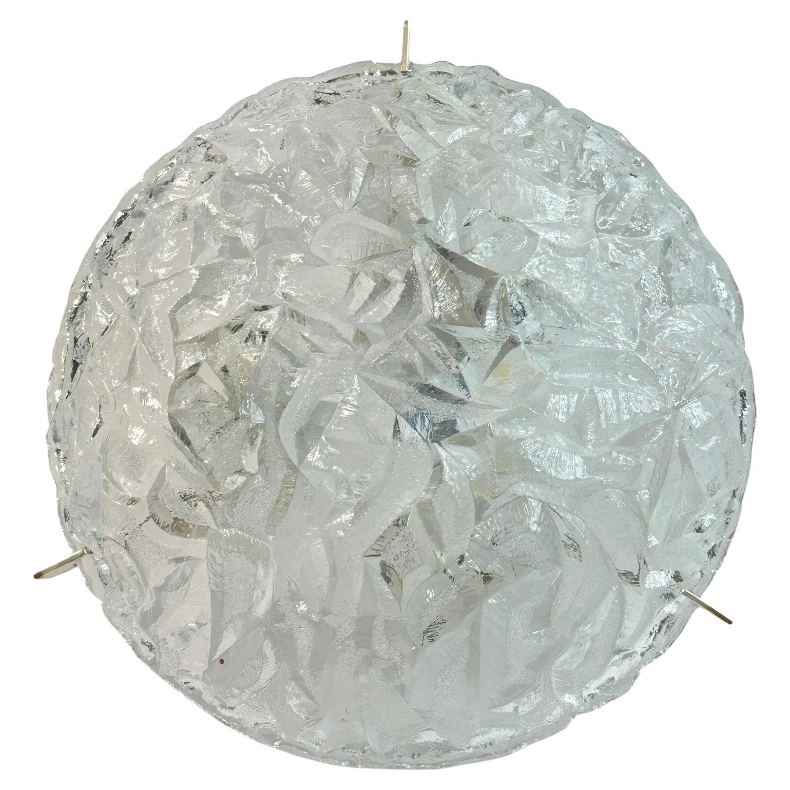 Ice Block Pattern Glass and Chrome, Flush Mount Ceiling Light, italy, 1970s