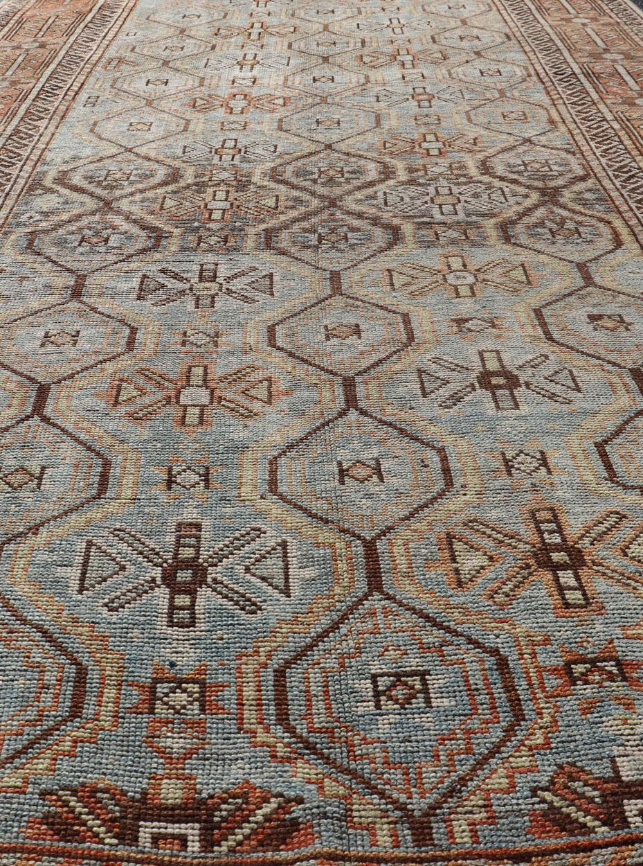 Ice Blue and Coper Color Antique Persian Kurdish Rug with All-Over Tribal 4