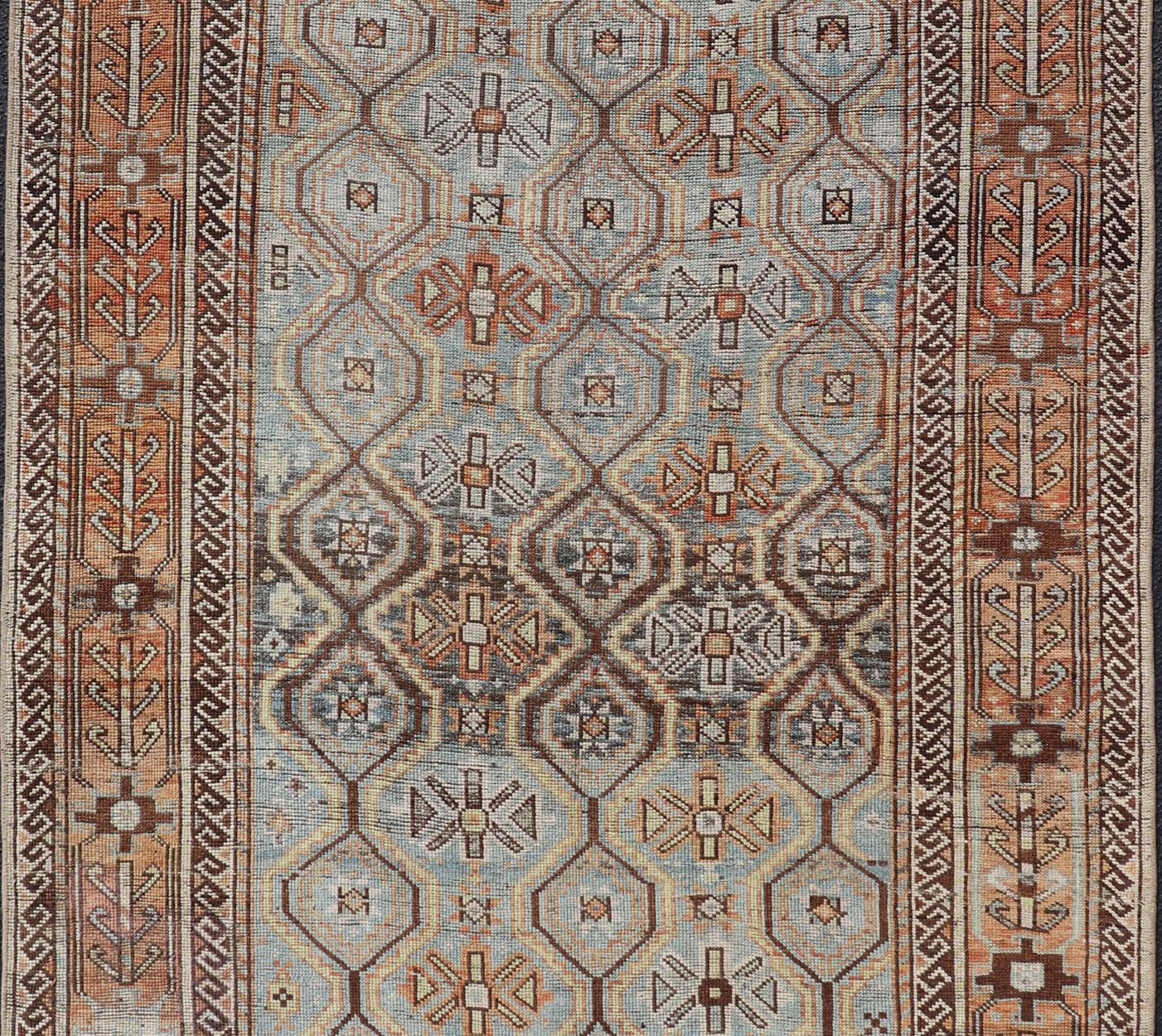 Hand-Knotted Ice Blue and Coper Color Antique Persian Kurdish Rug with All-Over Tribal