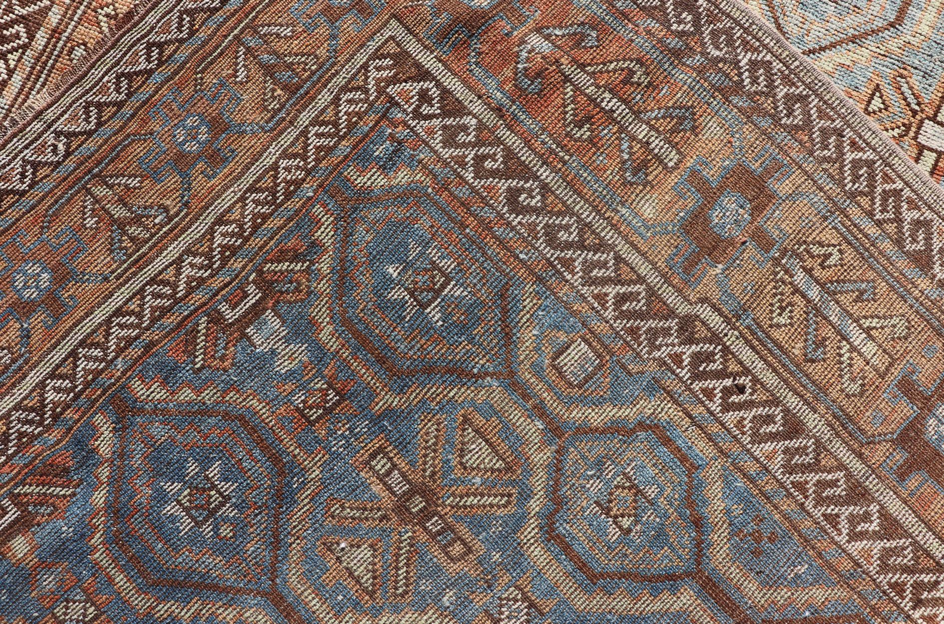Ice Blue and Coper Color Antique Persian Kurdish Rug with All-Over Tribal 1
