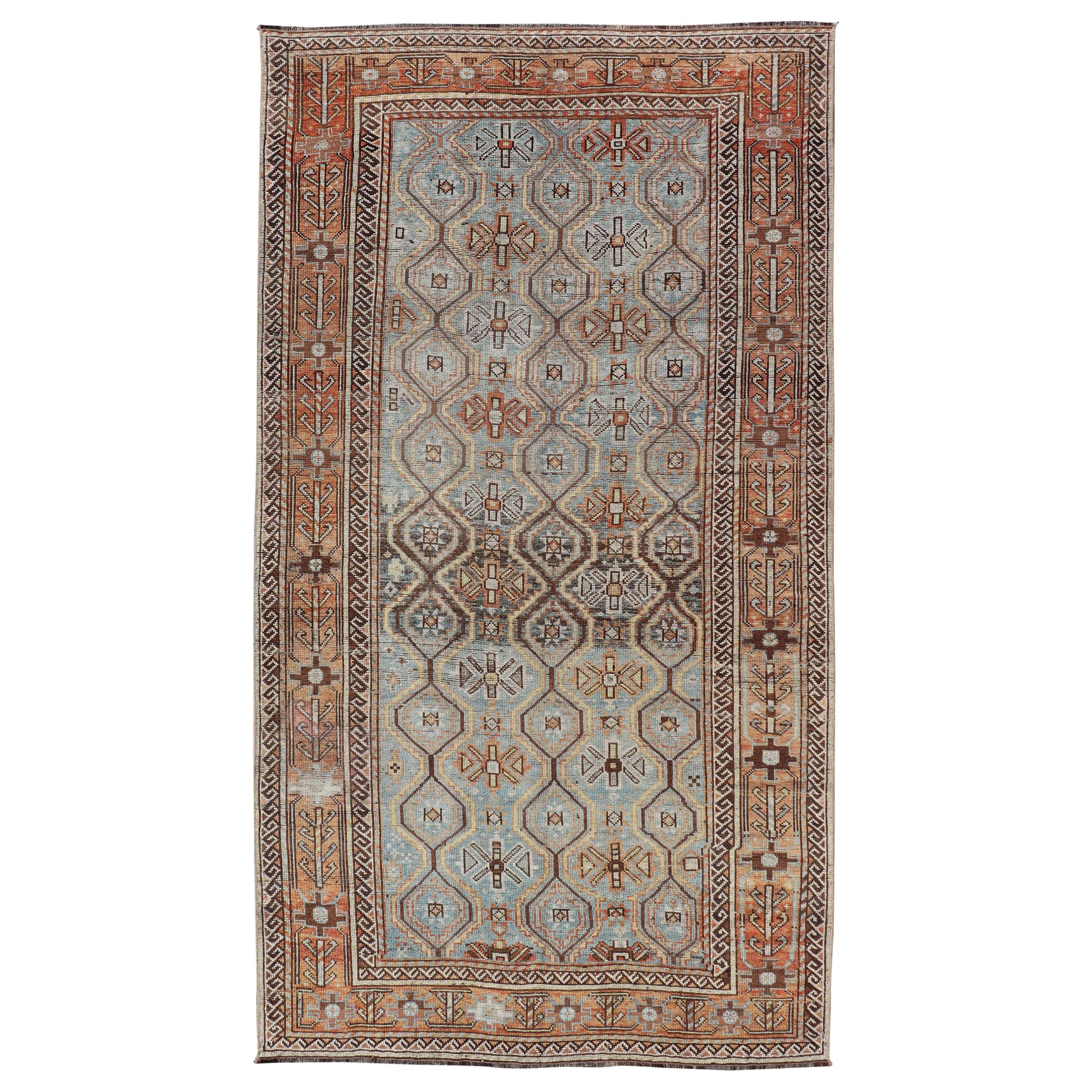 Ice Blue and Coper Color Antique Persian Kurdish Rug with All-Over Tribal