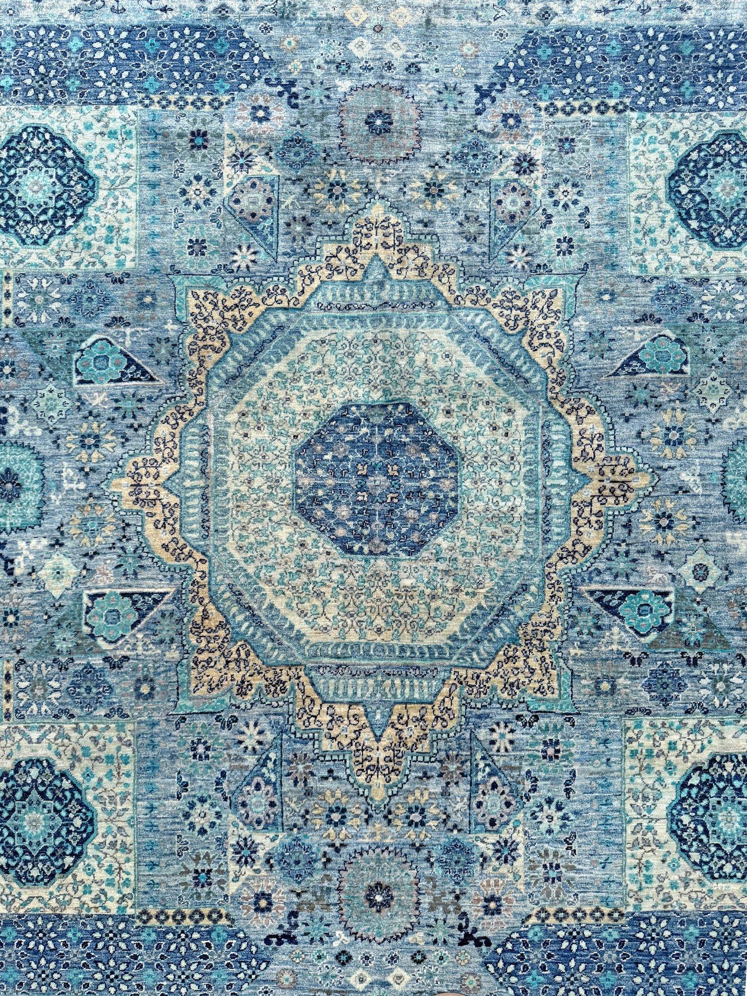 Ice Blue Fine Mamluk Transitional Rug • Hand-Knotted Wool • 9′×12′3″ • Turkey in vendita 3