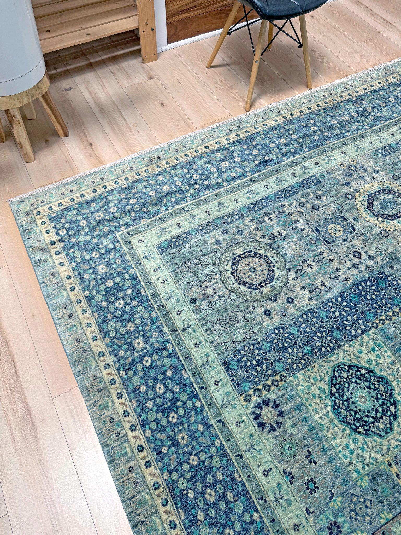Ice Blue Fine Mamluk Transitional Rug • Hand-Knotted Wool • 9′×12′3″ • Turkey in vendita 4