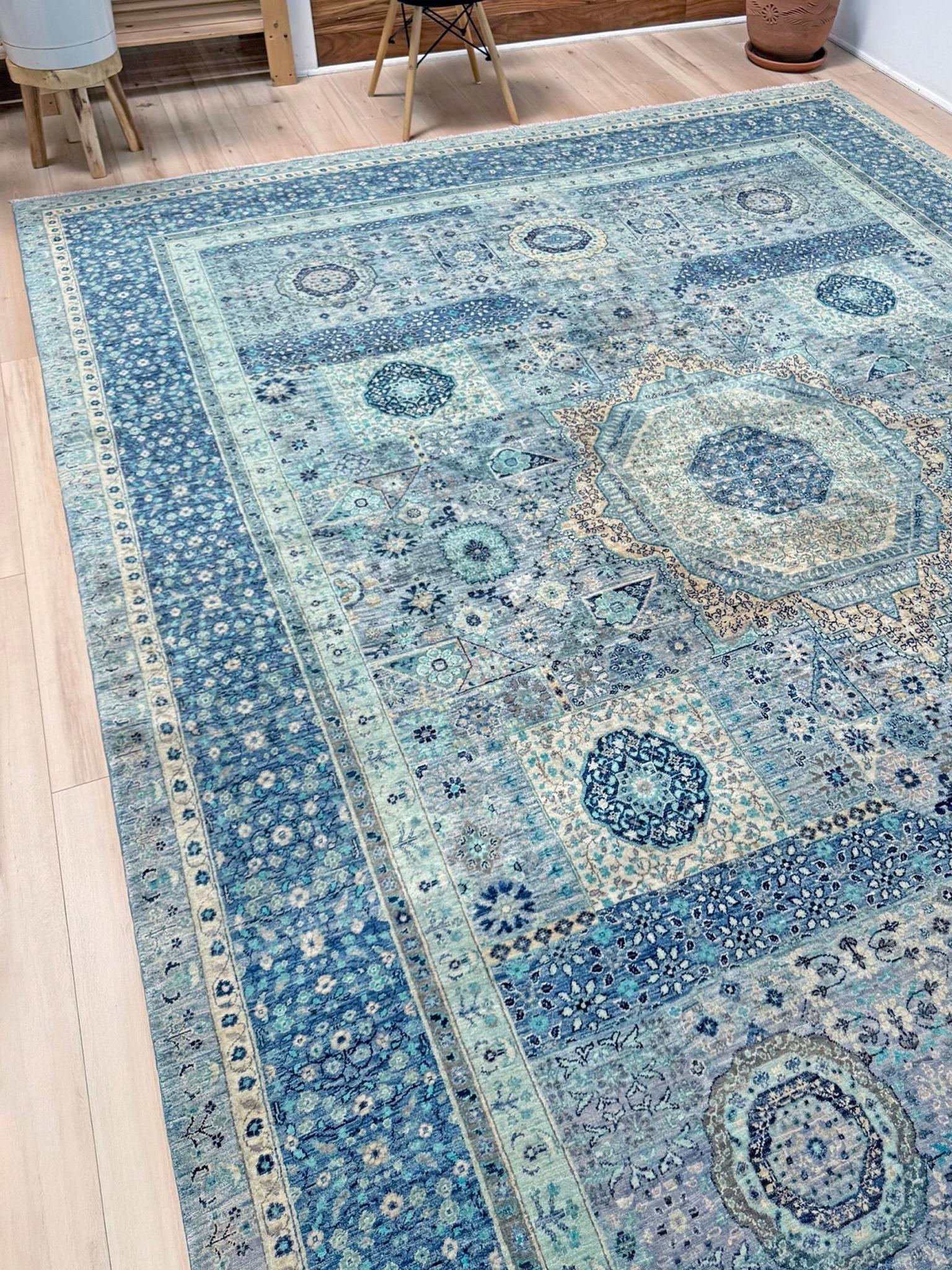 Ice Blue Fine Mamluk Transitional Rug • Hand-Knotted Wool • 9′×12′3″ • Turkey in vendita 5