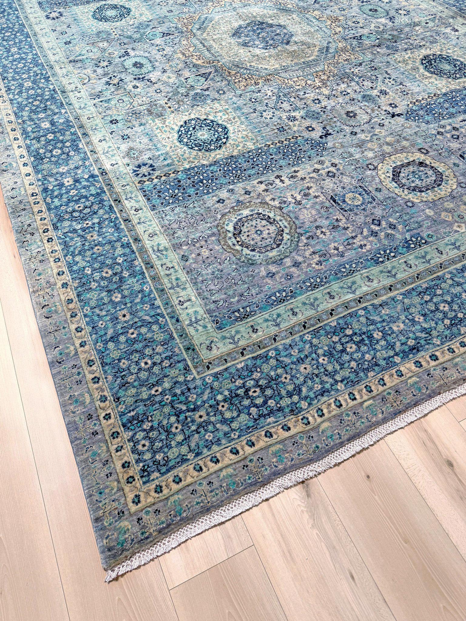 Ice Blue Fine Mamluk Transitional Rug • Hand-Knotted Wool • 9′×12′3″ • Turkey in vendita 6