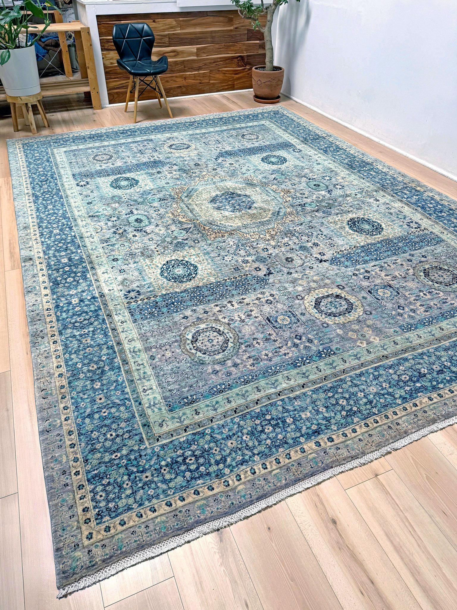 Ice Blue Fine Mamluk Transitional Rug • Hand-Knotted Wool • 9′×12′3″ • Turkey in vendita 7