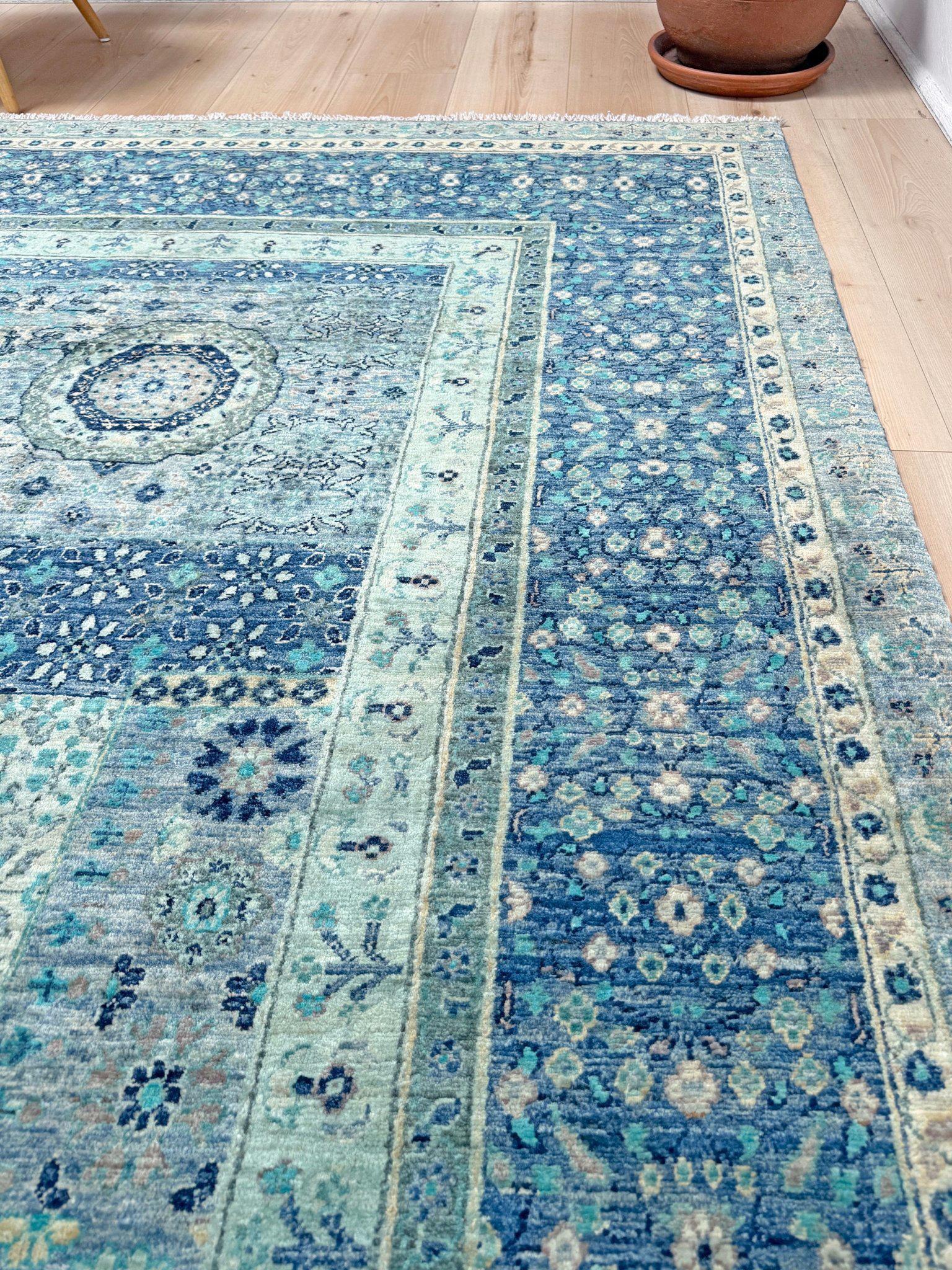 Ice Blue Fine Mamluk Transitional Rug • Hand-Knotted Wool • 9′×12′3″ • Turkey in vendita 8