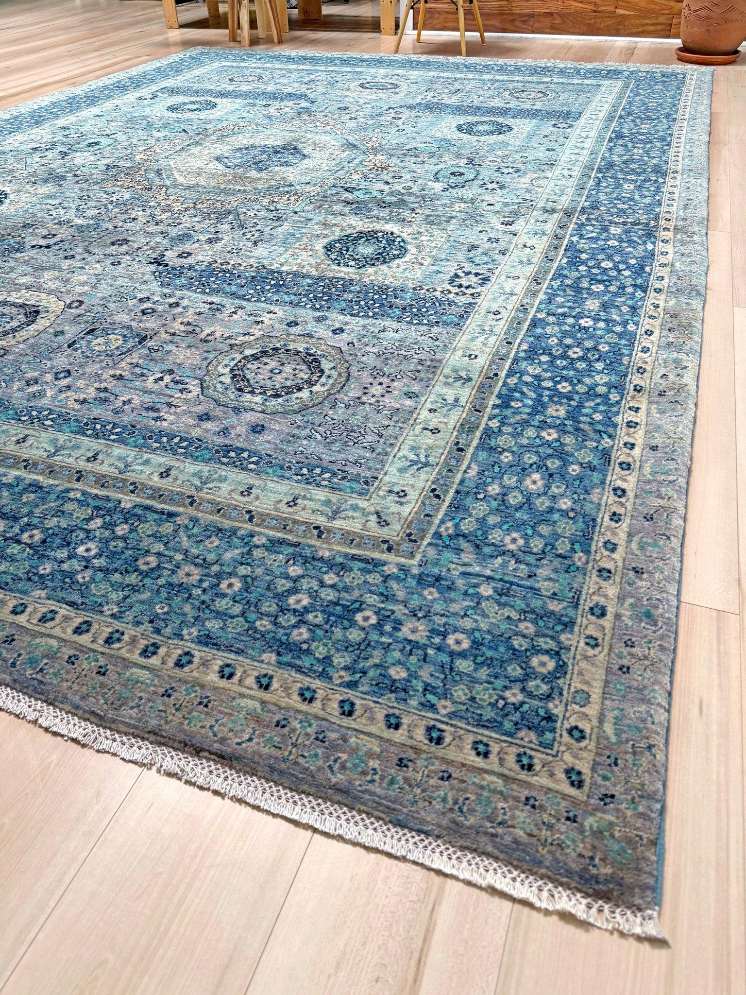 Ice Blue Fine Mamluk Transitional Rug • Hand-Knotted Wool • 9′×12′3″ • Turkey in vendita 9