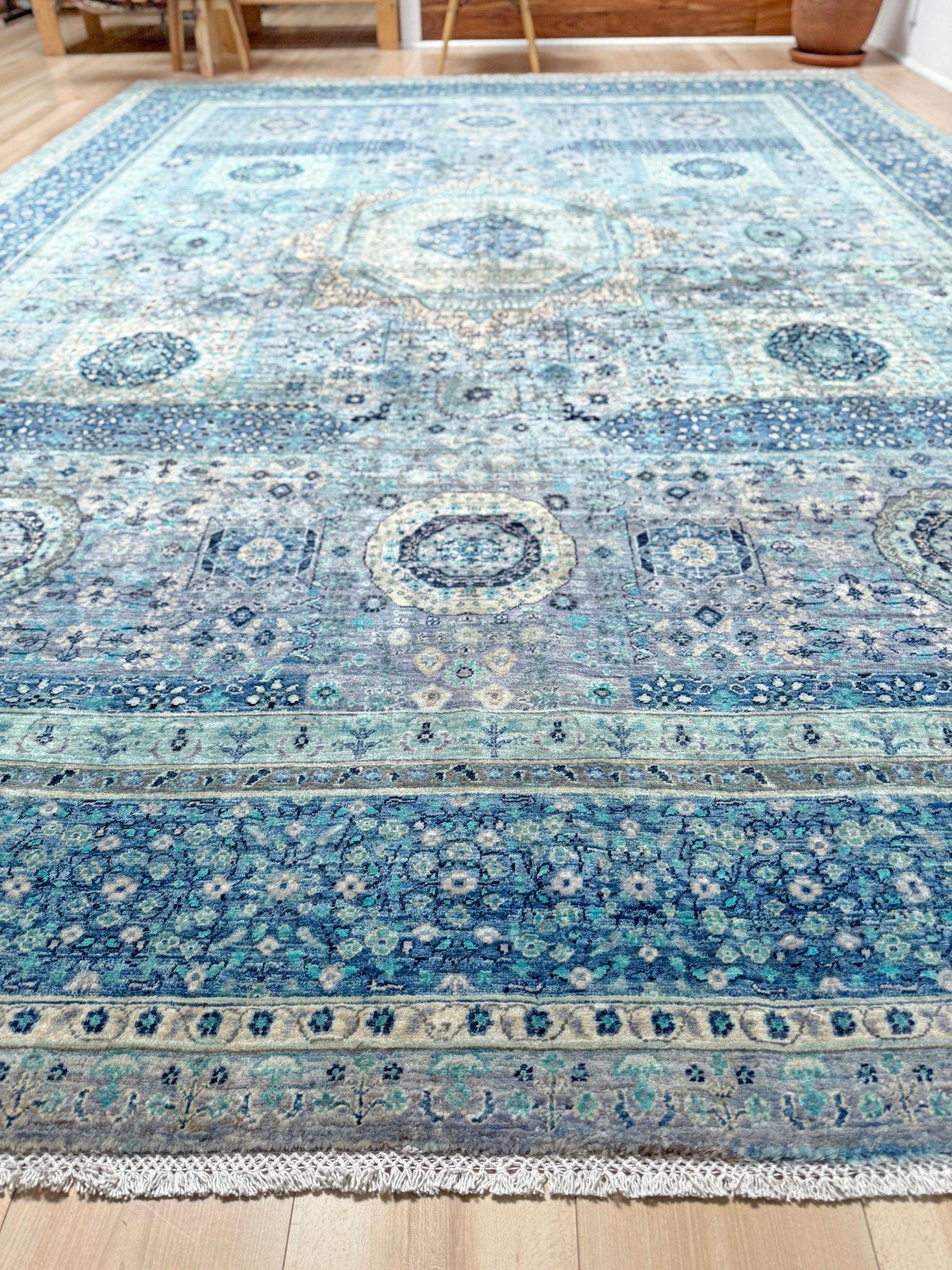 Ice Blue Fine Mamluk Transitional Rug • Hand-Knotted Wool • 9′×12′3″ • Turkey in vendita 10