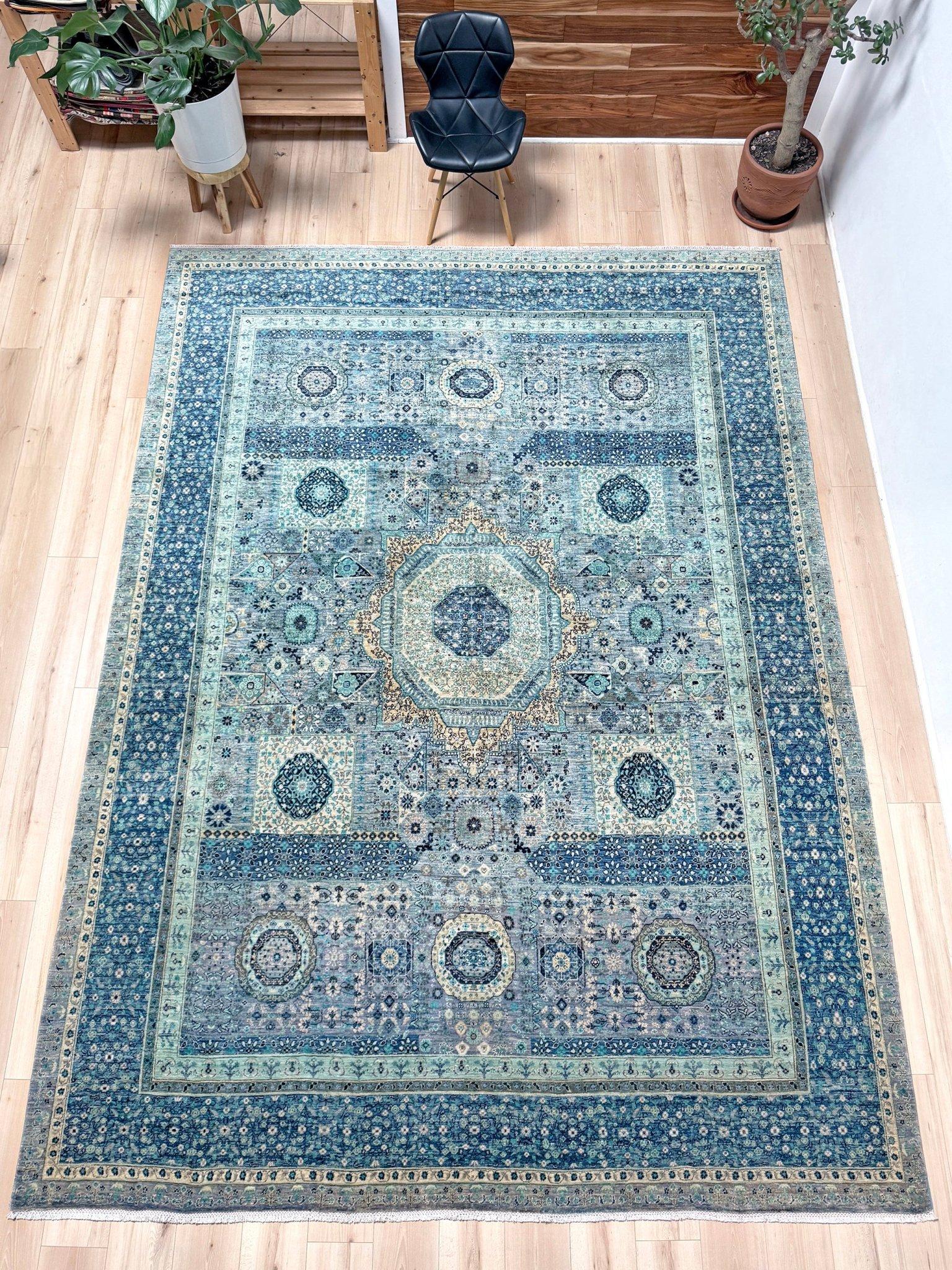 Ice Blue Fine Mamluk Transitional Rug • Hand-Knotted Wool • 9′×12′3″ • Turkey in vendita 11