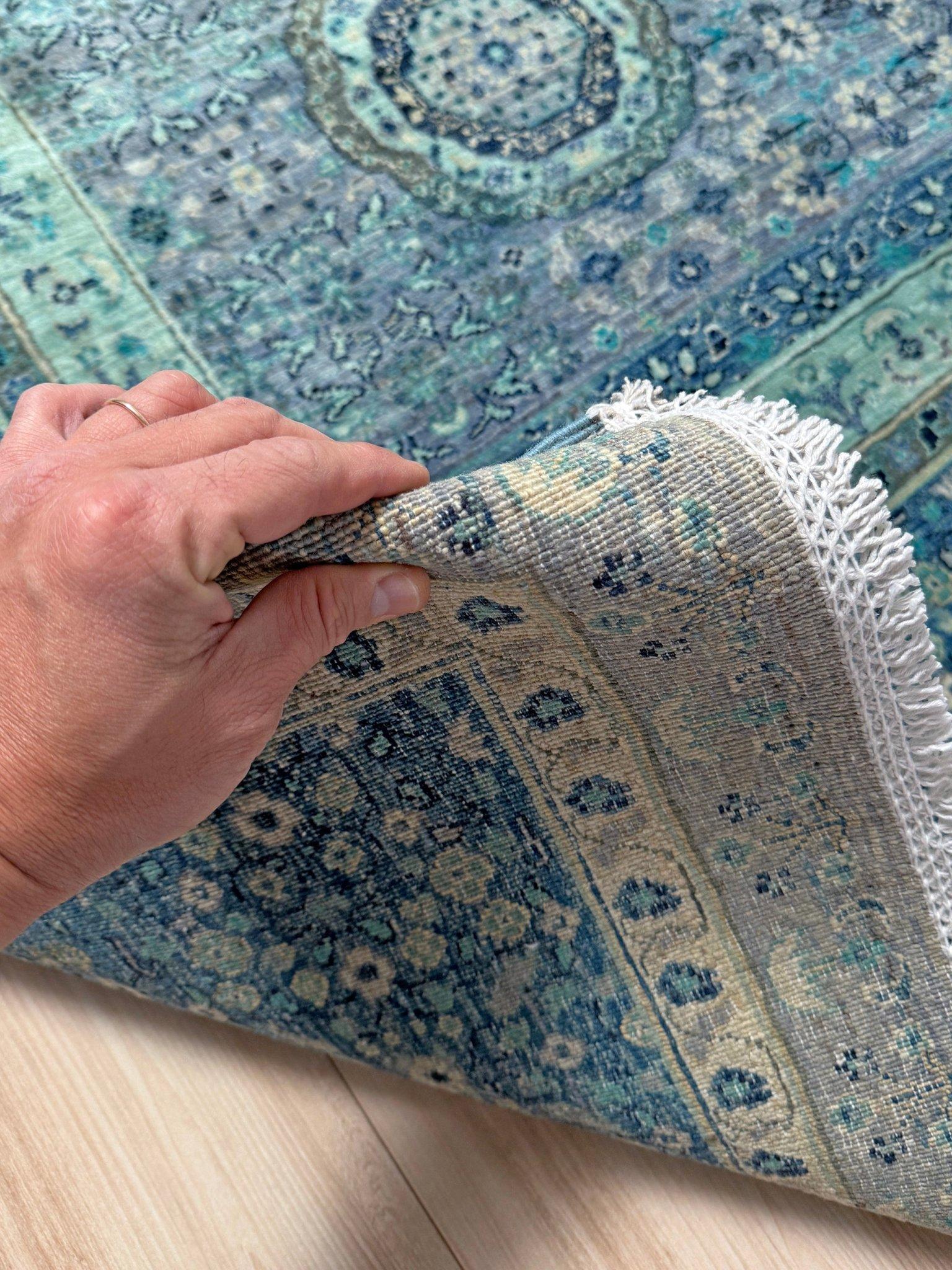 Moderno Ice Blue Fine Mamluk Transitional Rug • Hand-Knotted Wool • 9′×12′3″ • Turkey in vendita