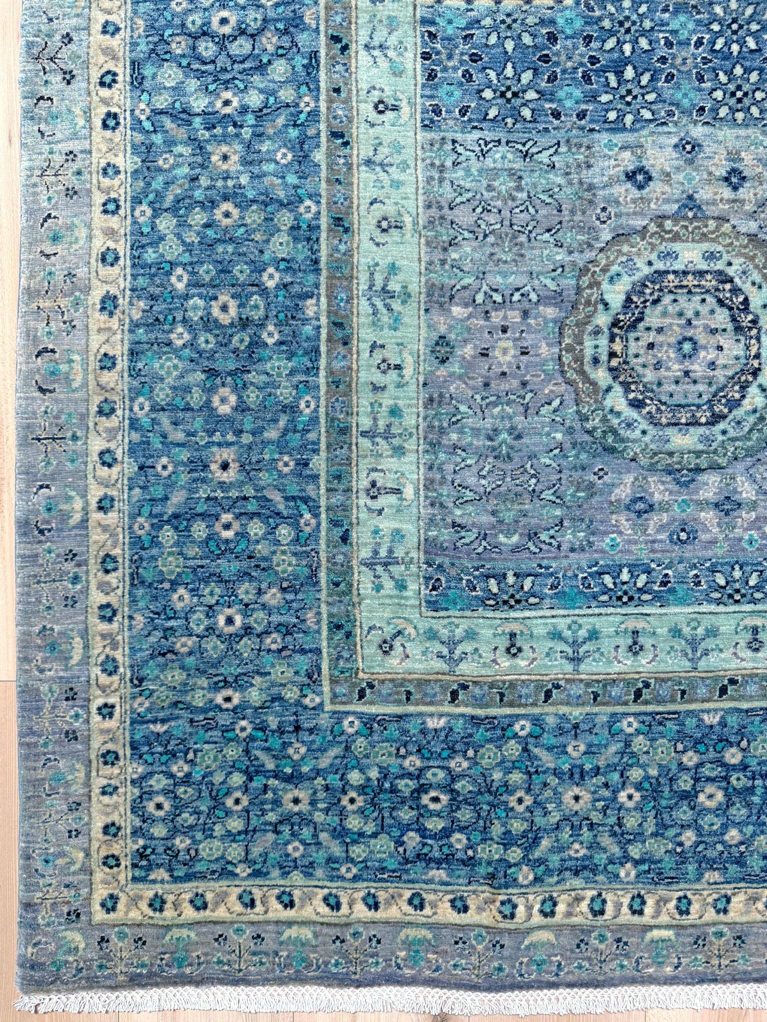 Annodato a mano Ice Blue Fine Mamluk Transitional Rug • Hand-Knotted Wool • 9′×12′3″ • Turkey in vendita