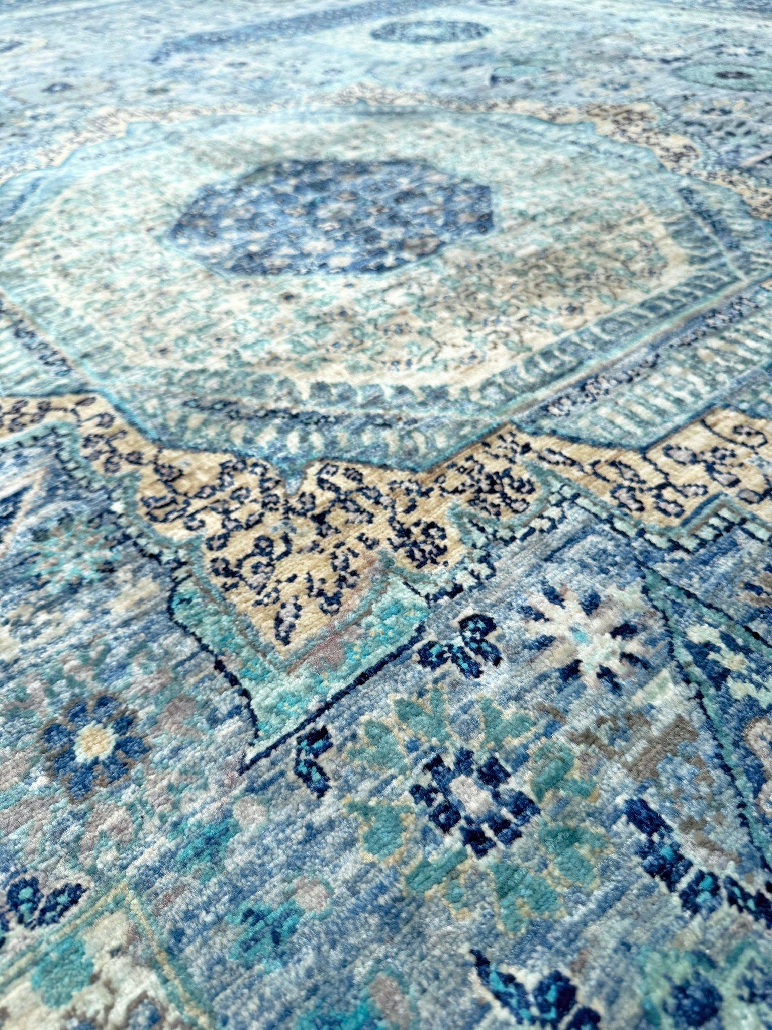 Lana Ice Blue Fine Mamluk Transitional Rug • Hand-Knotted Wool • 9′×12′3″ • Turkey in vendita